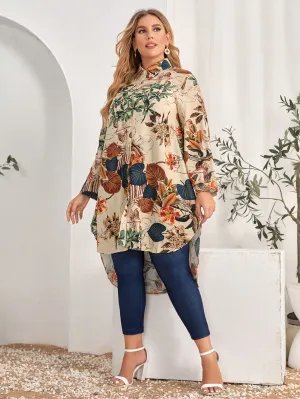 Floral Button Front Long Sleeve Collar Asymmetrical Long Plus Size Blouse