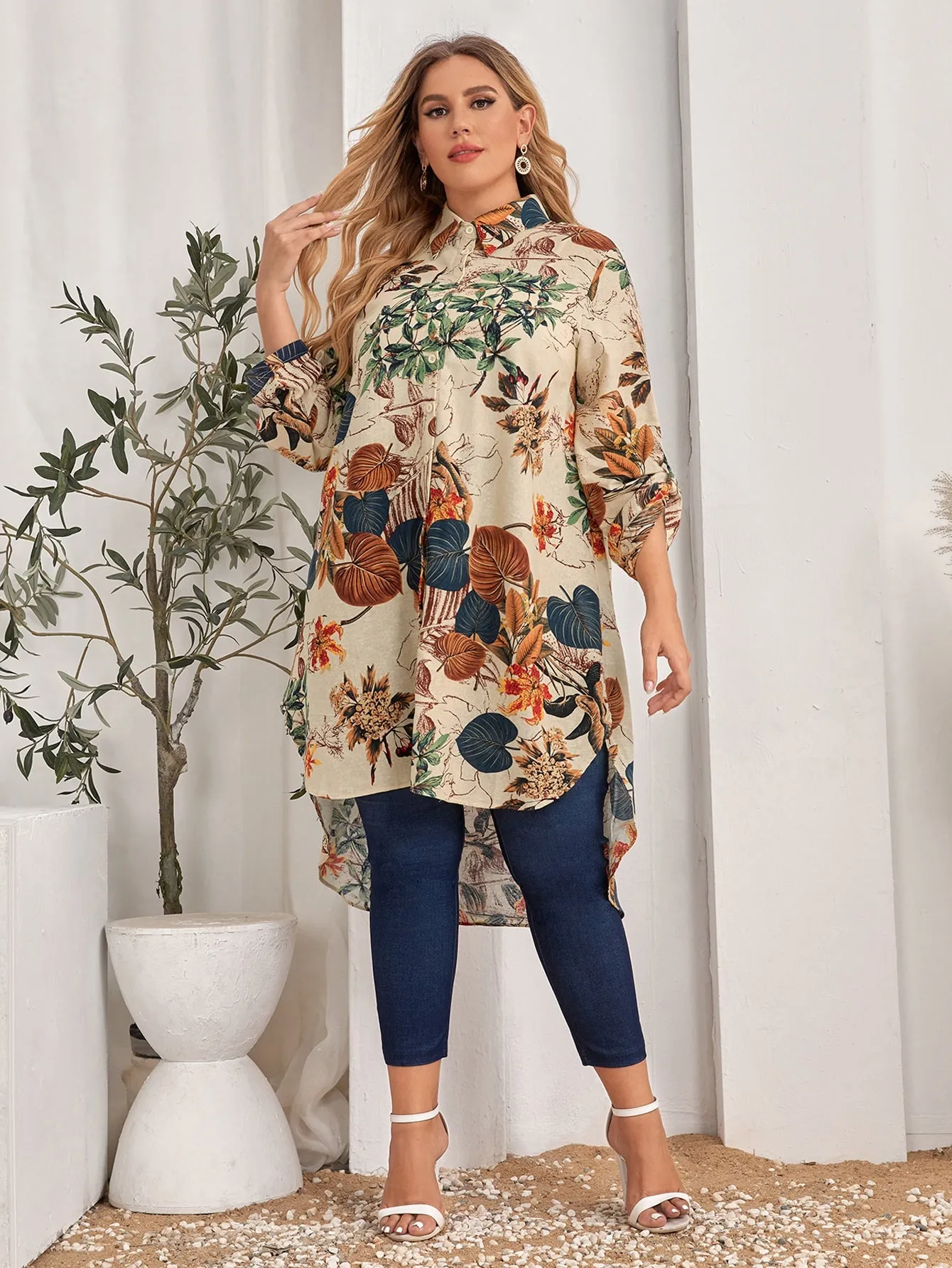 Floral Button Front Long Sleeve Collar Asymmetrical Long Plus Size Blouse