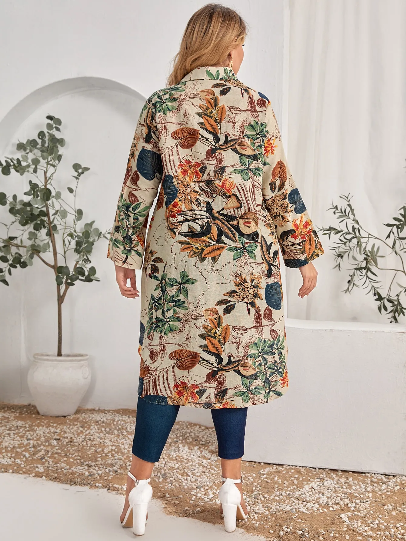 Floral Button Front Long Sleeve Collar Asymmetrical Long Plus Size Blouse