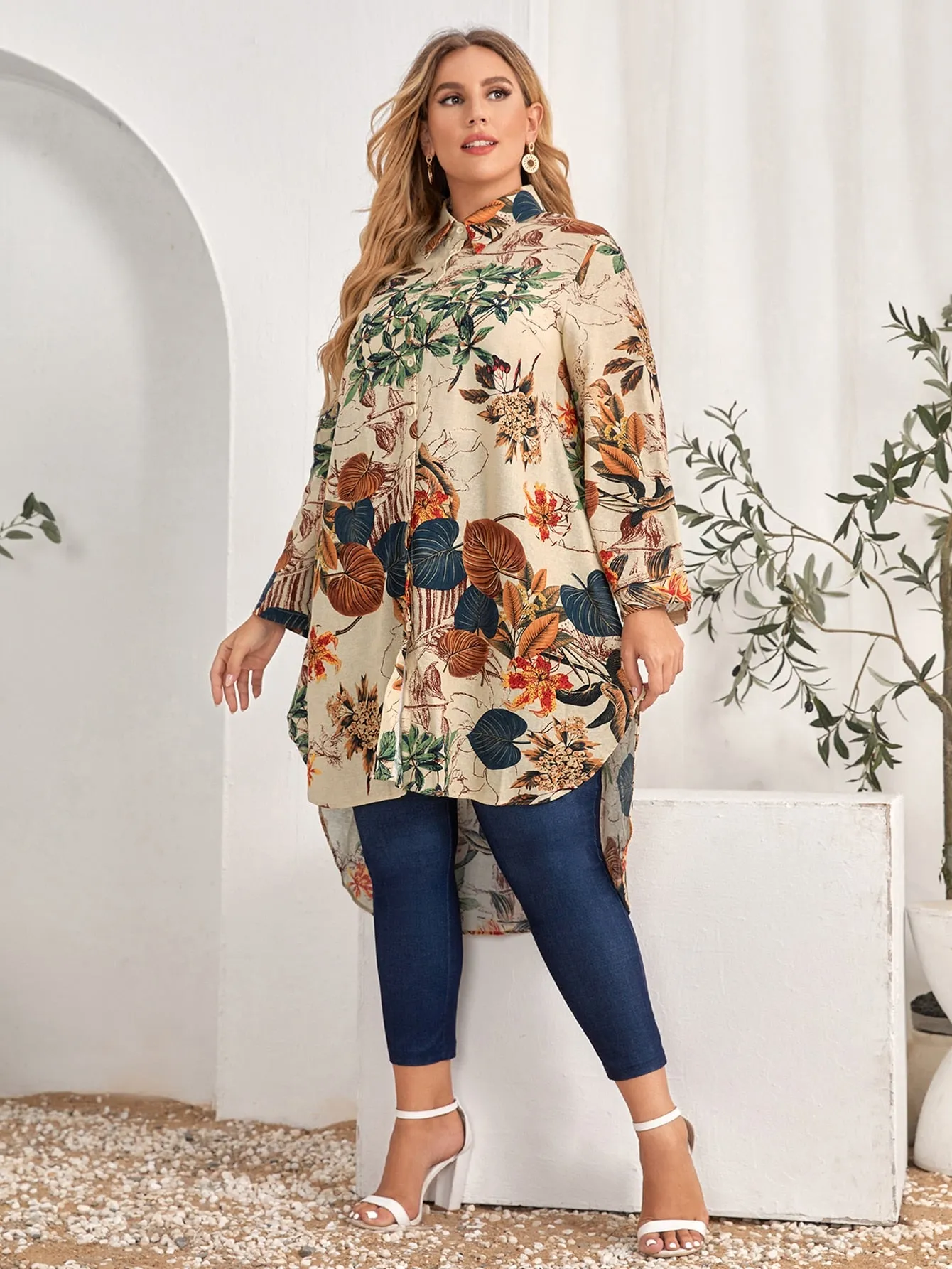 Floral Button Front Long Sleeve Collar Asymmetrical Long Plus Size Blouse