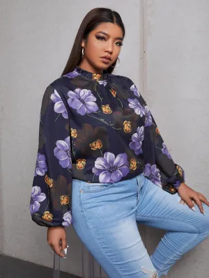 Floral Frill Long Sleeve Stand Collar Regular Plus Size Blouse