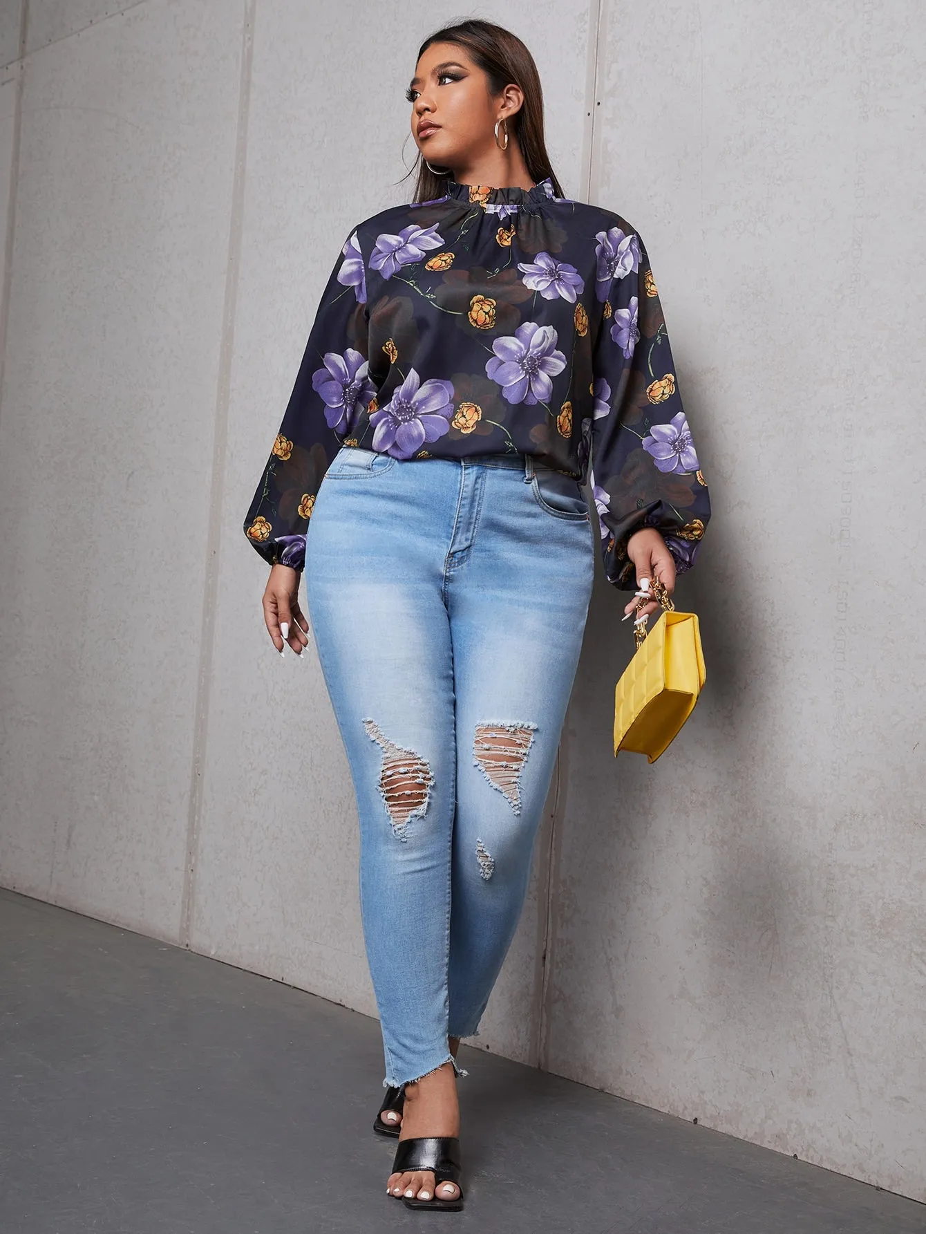 Floral Frill Long Sleeve Stand Collar Regular Plus Size Blouse
