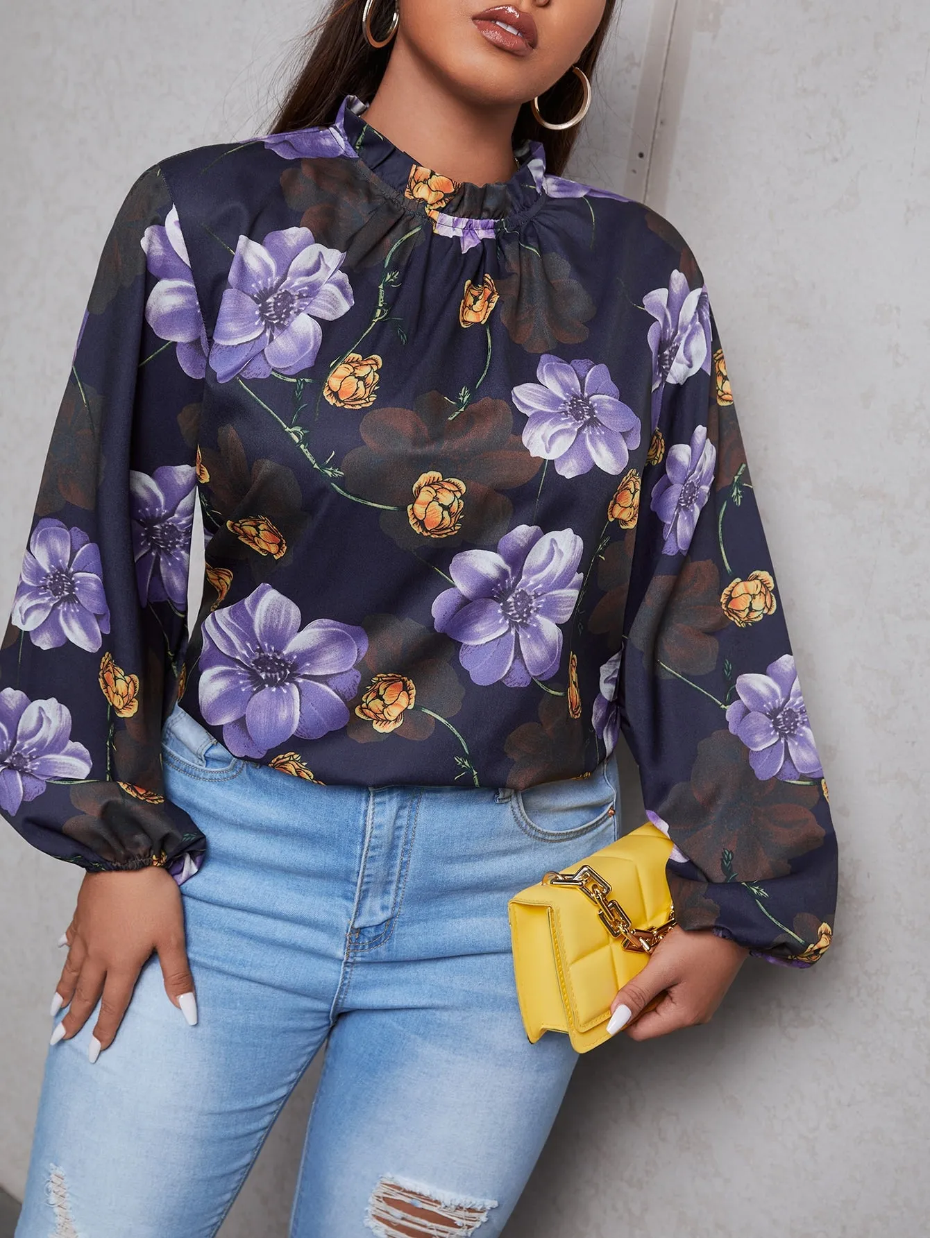 Floral Frill Long Sleeve Stand Collar Regular Plus Size Blouse
