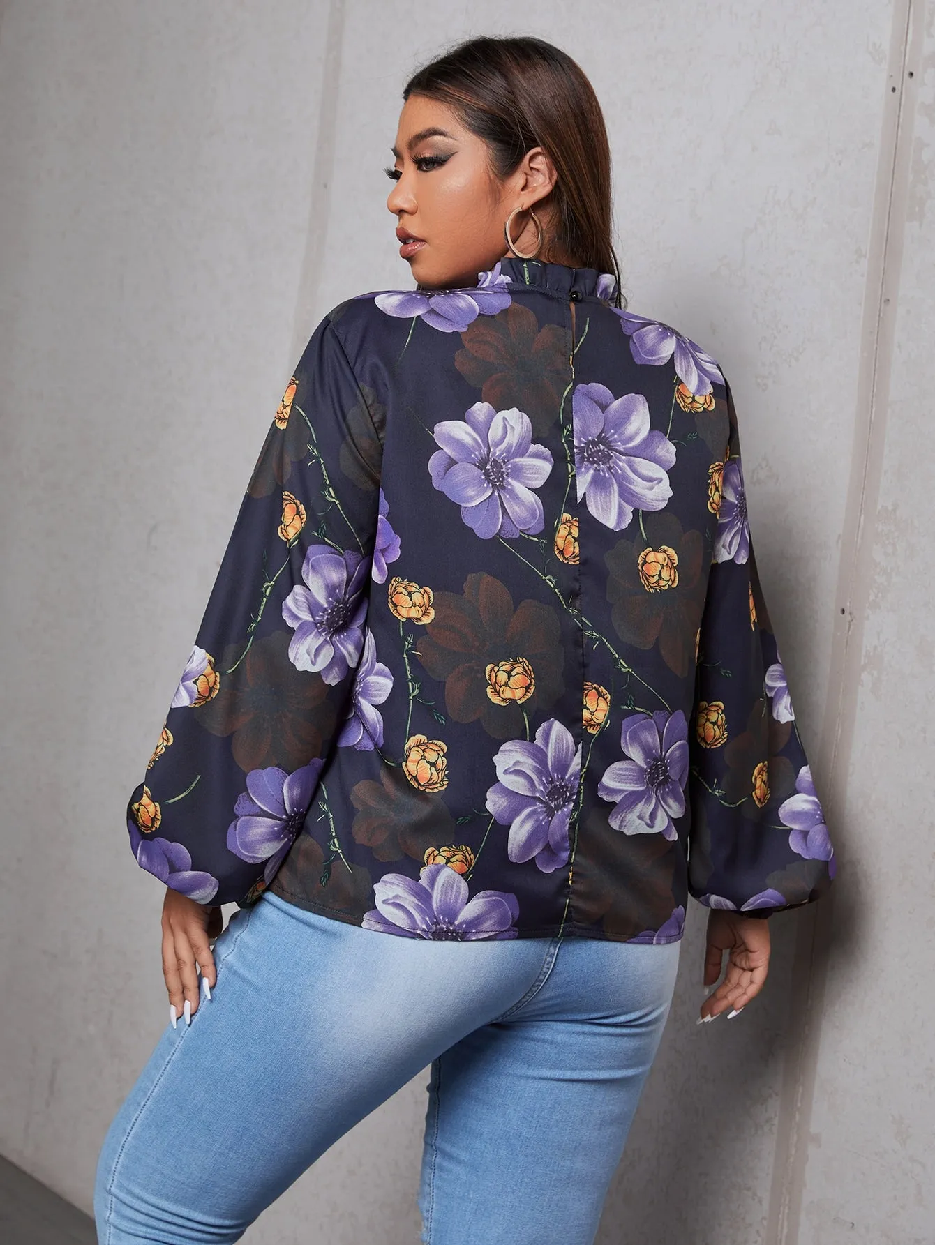 Floral Frill Long Sleeve Stand Collar Regular Plus Size Blouse