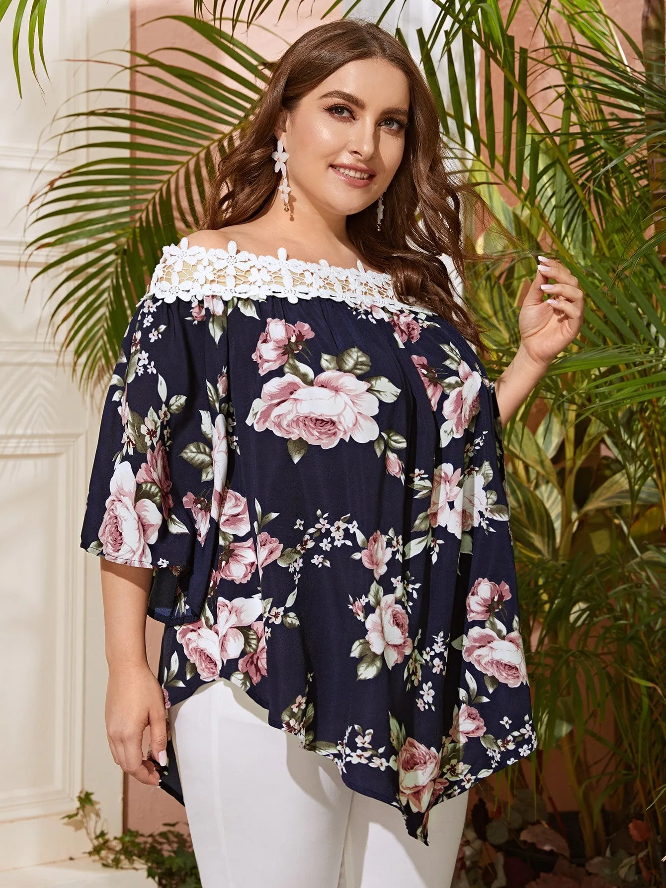 Floral High Low Three Quarter Length Sleeve Off The Shoulder Asymmetrical Long Plus Size Blouse