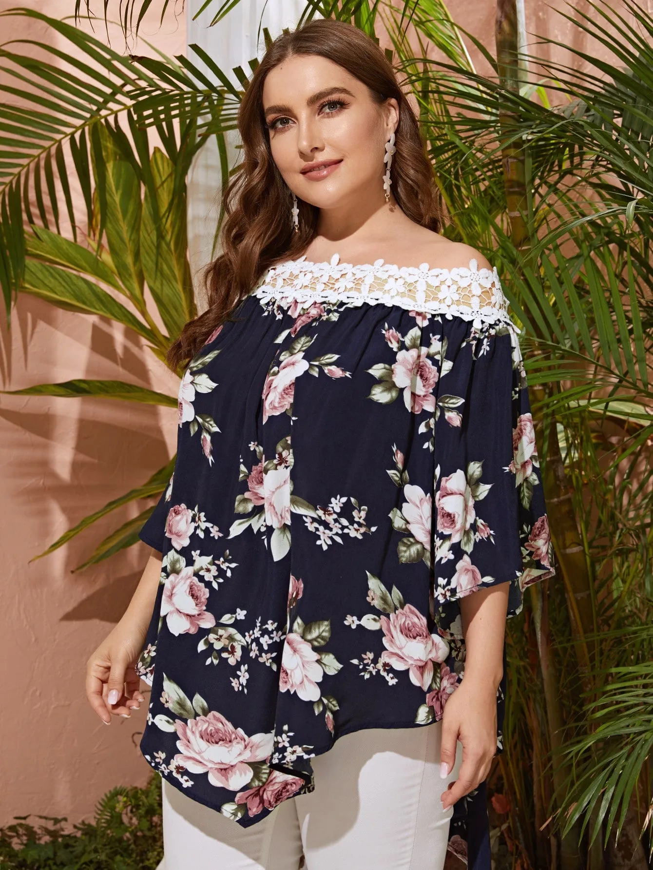 Floral High Low Three Quarter Length Sleeve Off The Shoulder Asymmetrical Long Plus Size Blouse