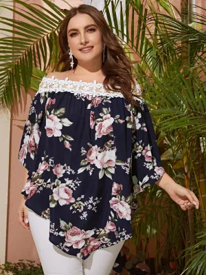 Floral High Low Three Quarter Length Sleeve Off The Shoulder Asymmetrical Long Plus Size Blouse