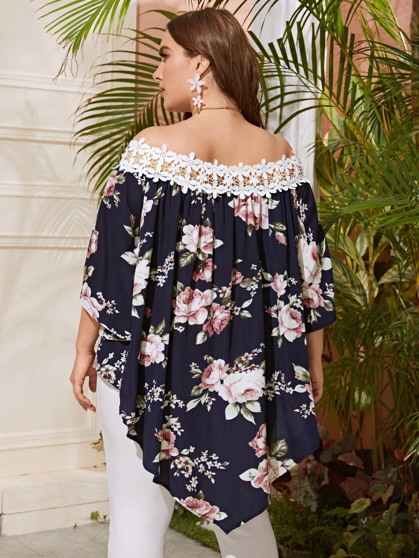 Floral High Low Three Quarter Length Sleeve Off The Shoulder Asymmetrical Long Plus Size Blouse