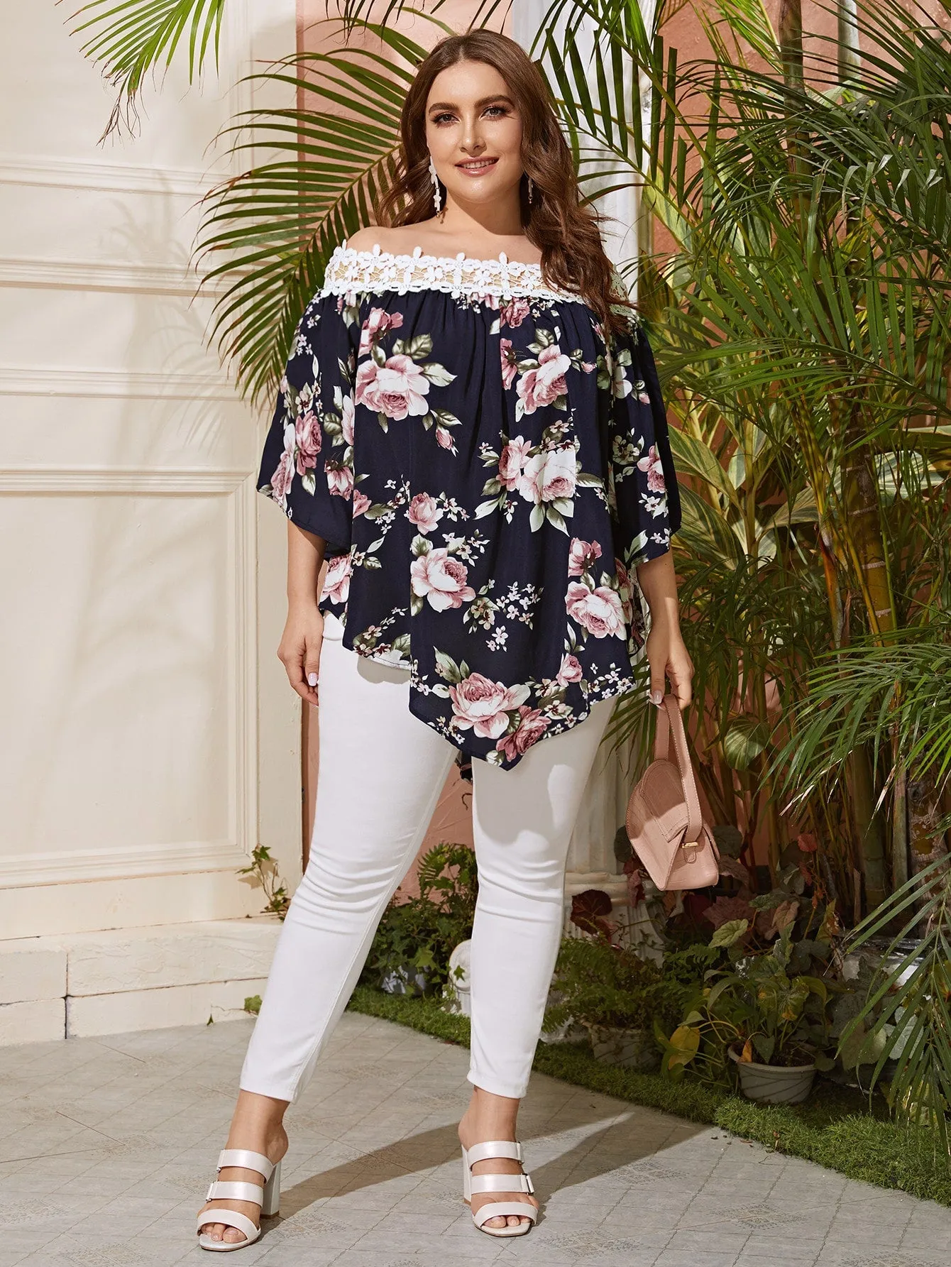 Floral High Low Three Quarter Length Sleeve Off The Shoulder Asymmetrical Long Plus Size Blouse