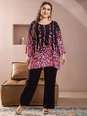 Floral Long Sleeve Scoop Neck Long Plus Size Blouse