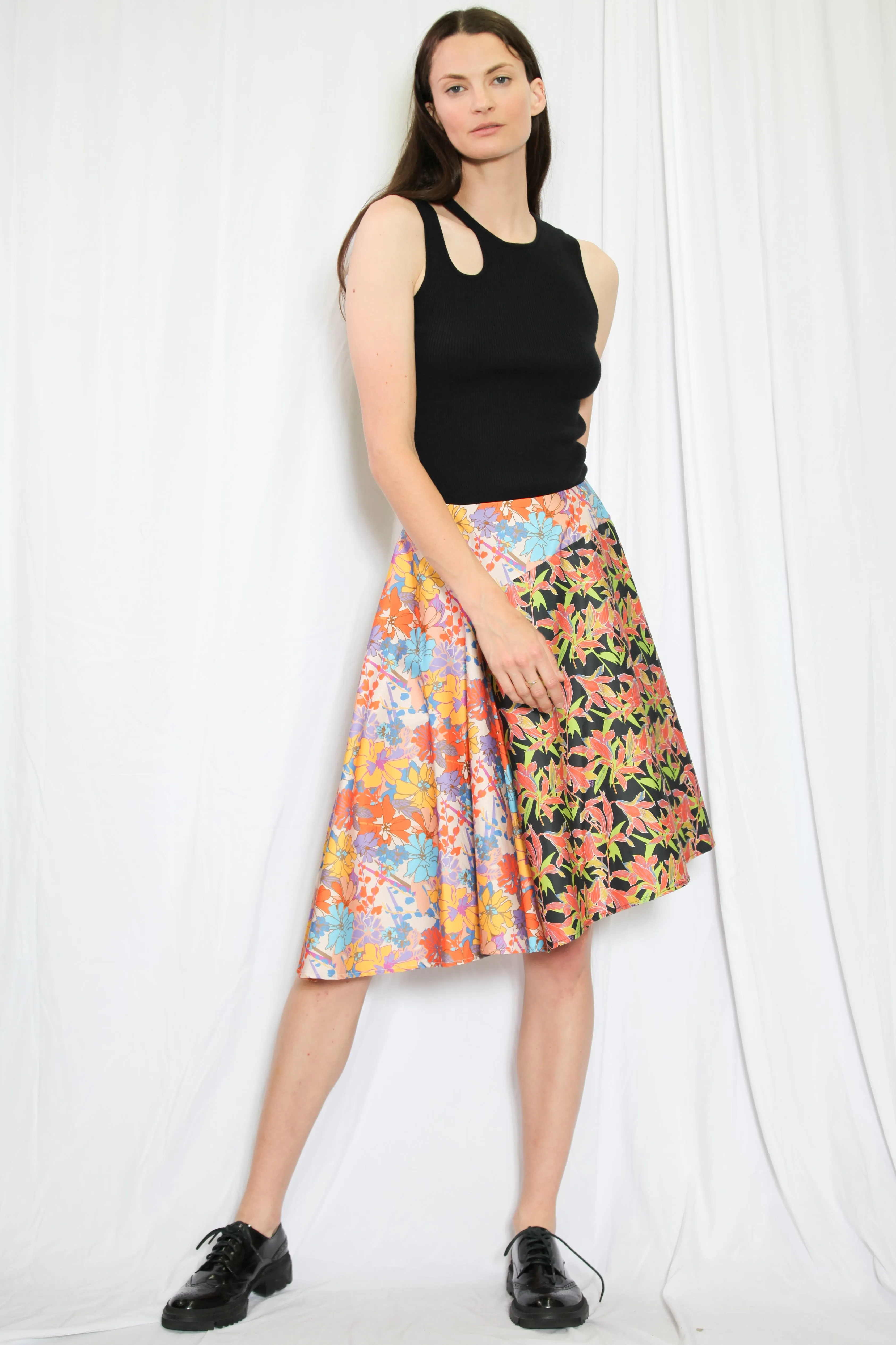 Floral Printed Orange Asymmetric Midi Skirt