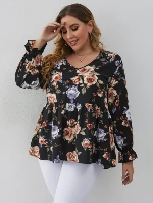 Floral Ruffle Long Sleeve V Neck Flared Long Plus Size Blouse
