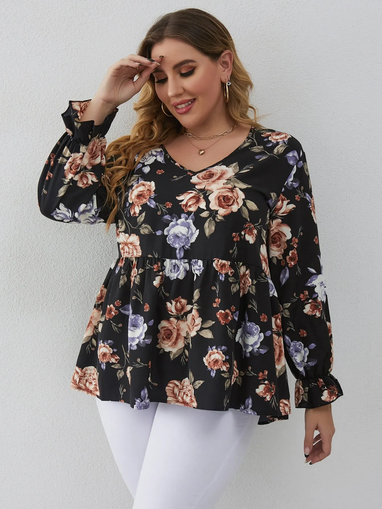 Floral Ruffle Long Sleeve V Neck Flared Long Plus Size Blouse