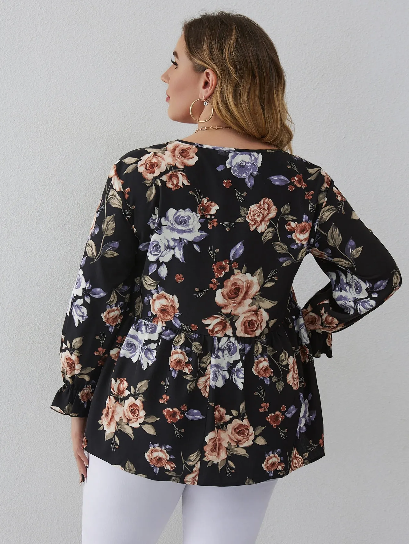 Floral Ruffle Long Sleeve V Neck Flared Long Plus Size Blouse
