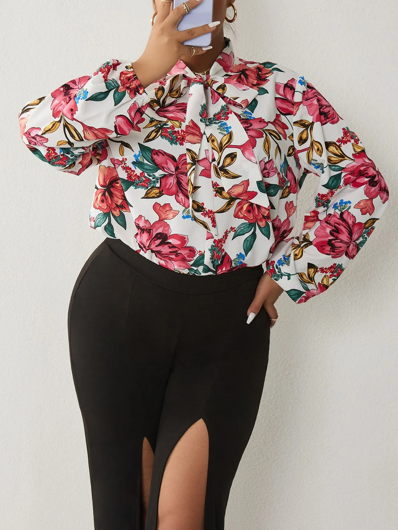 Floral Tie Front Long Sleeve Tie Neck Regular Plus Blouse
