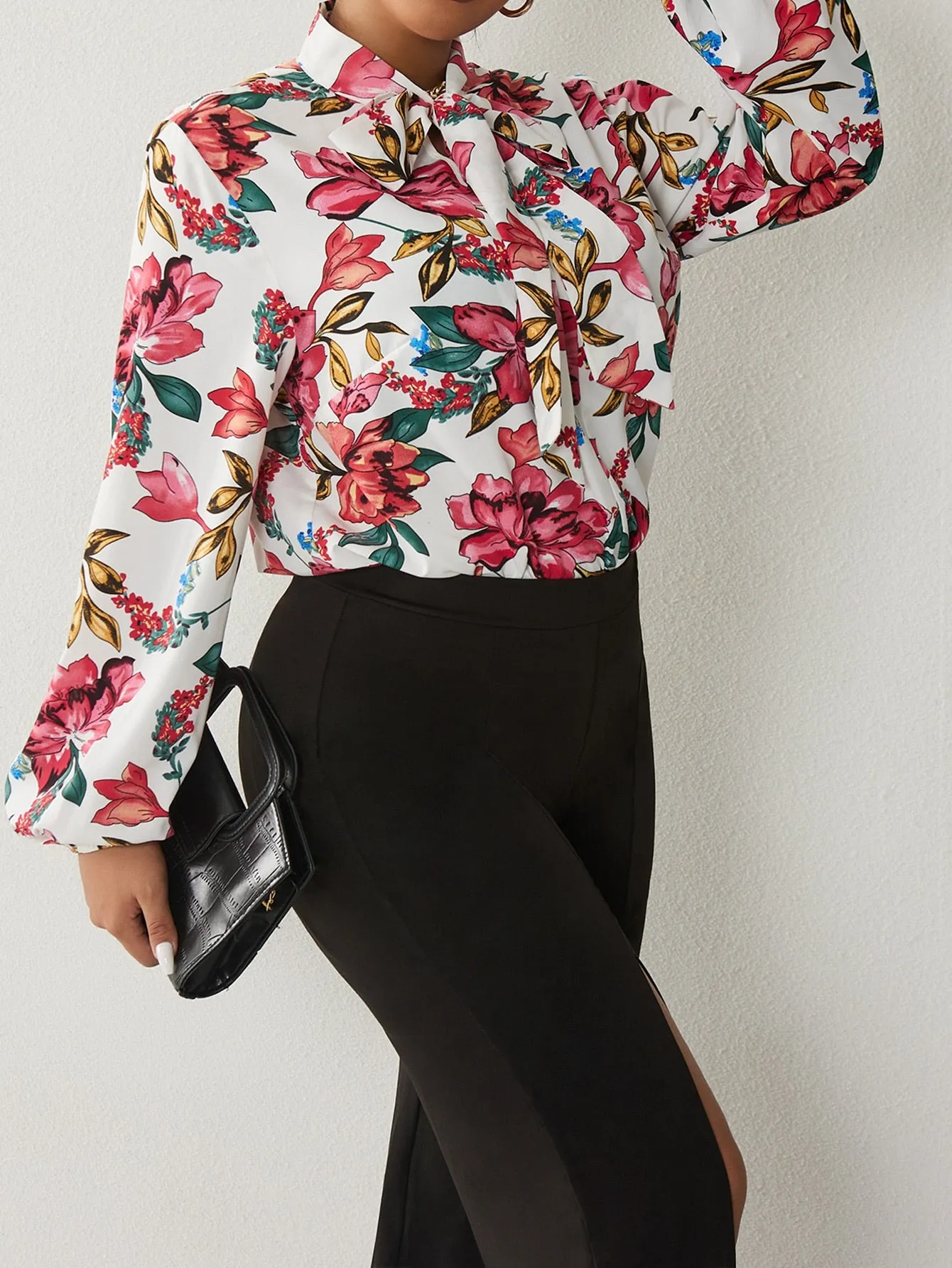 Floral Tie Front Long Sleeve Tie Neck Regular Plus Blouse