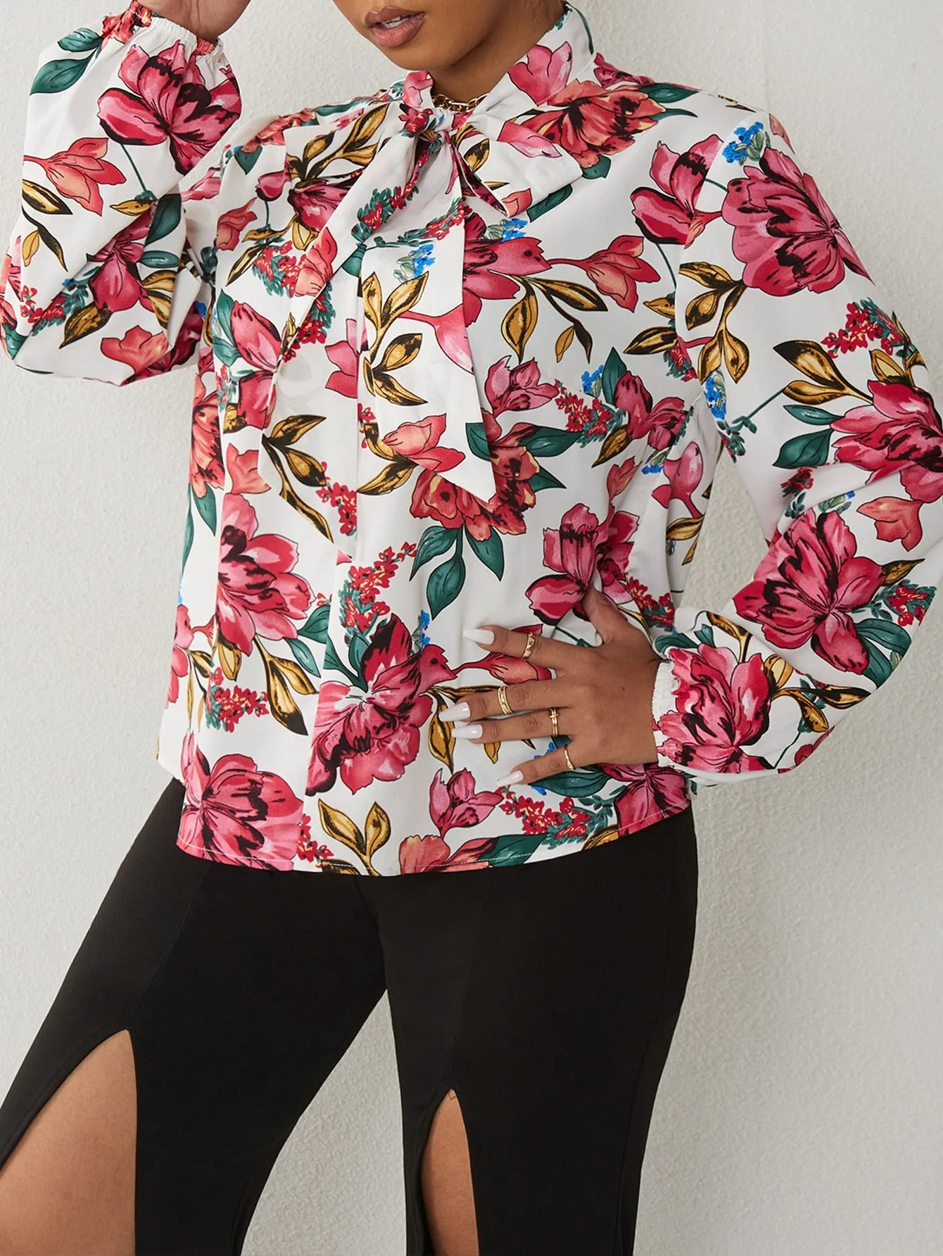 Floral Tie Front Long Sleeve Tie Neck Regular Plus Blouse