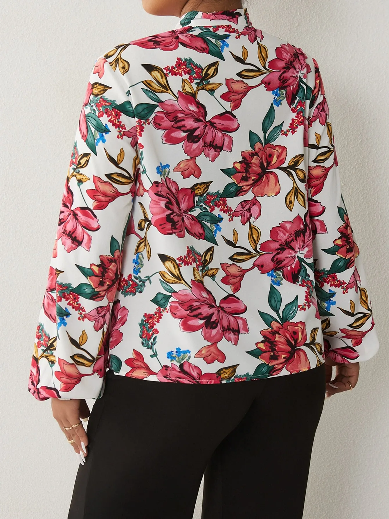 Floral Tie Front Long Sleeve Tie Neck Regular Plus Blouse