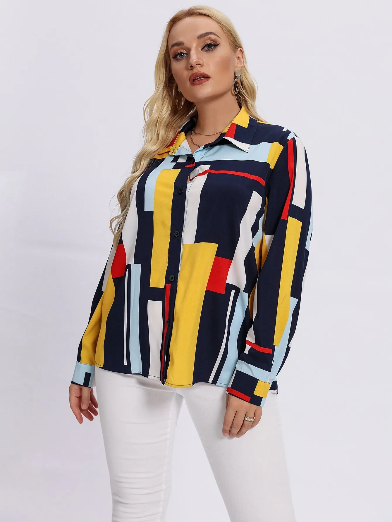 Geometric Button Long Sleeve Collar Regular Plus Size Blouse