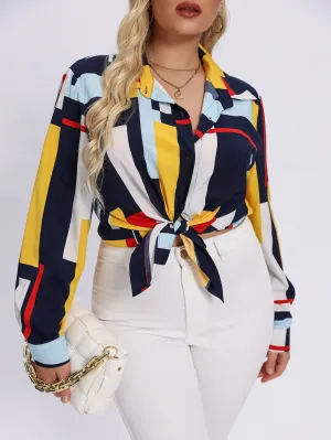 Geometric Button Long Sleeve Collar Regular Plus Size Blouse