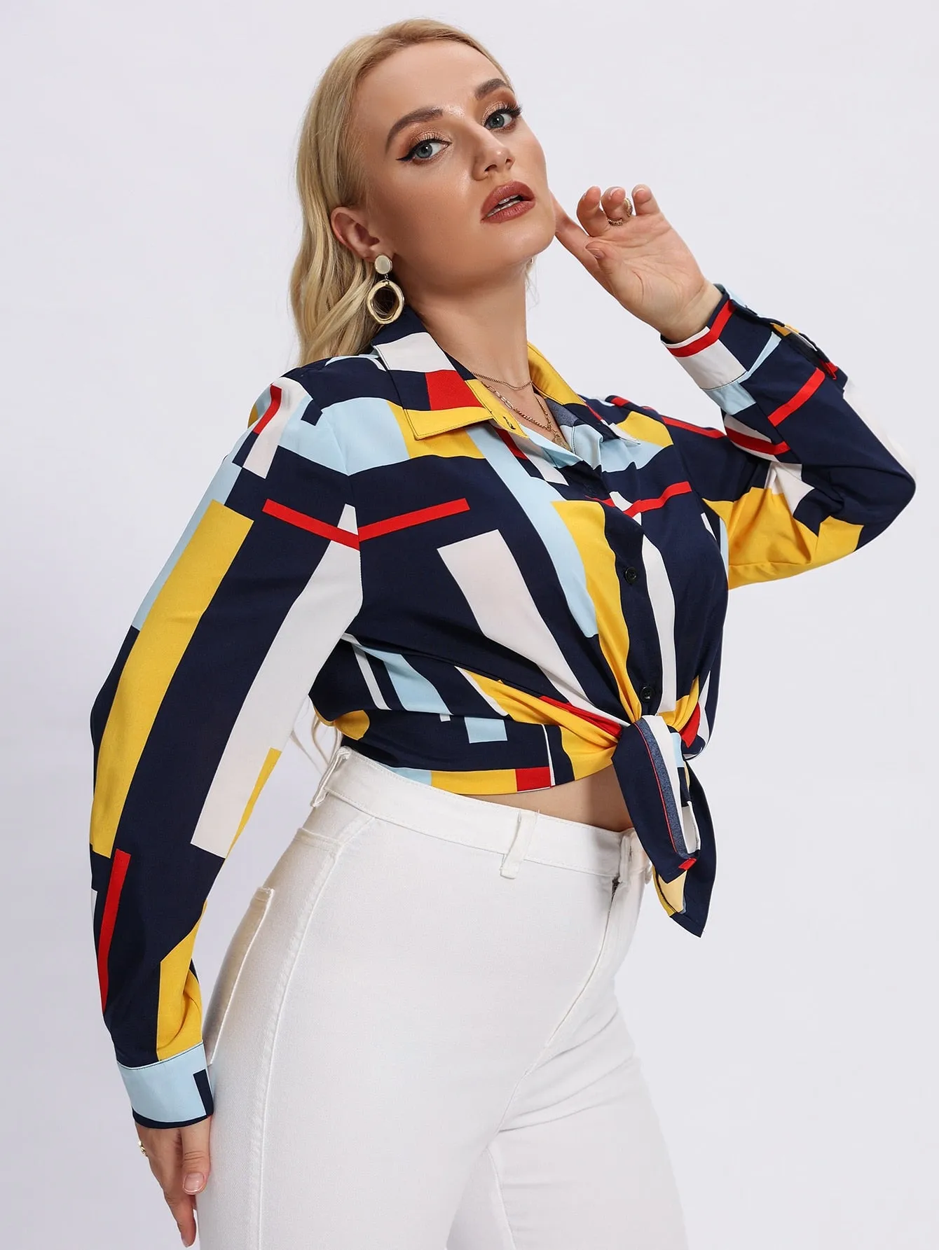 Geometric Button Long Sleeve Collar Regular Plus Size Blouse