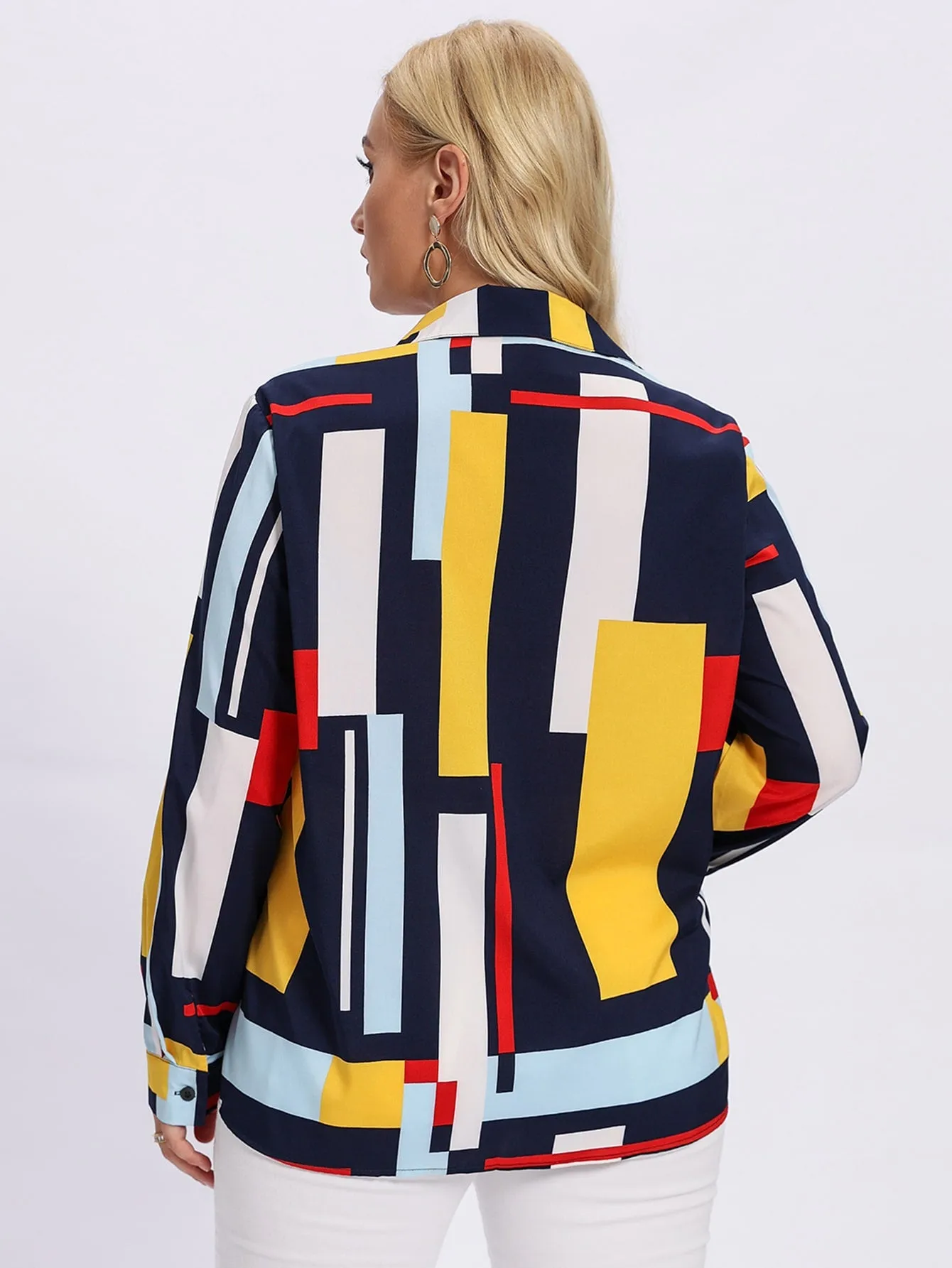 Geometric Button Long Sleeve Collar Regular Plus Size Blouse