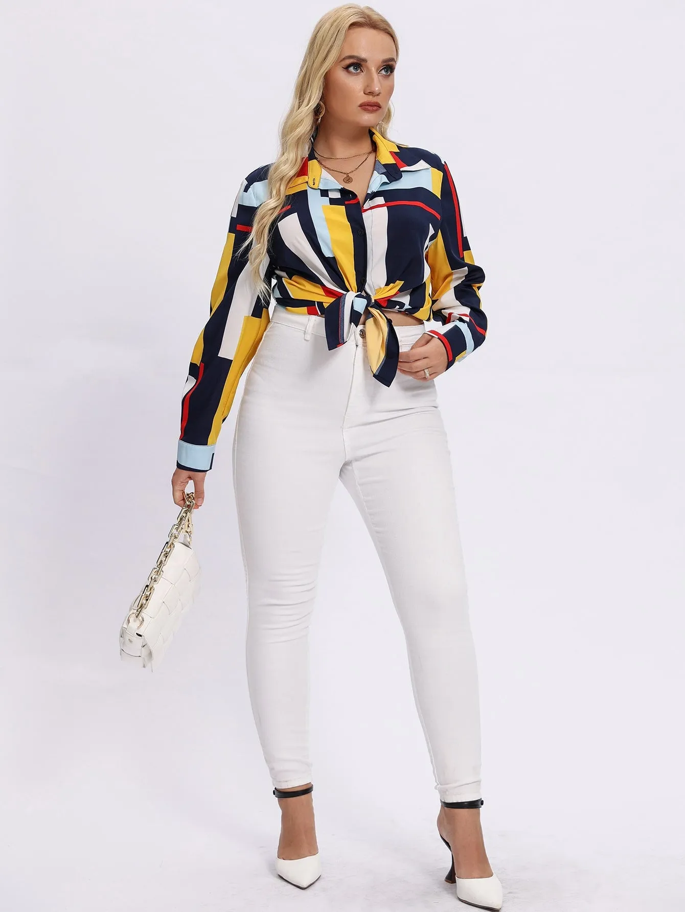 Geometric Button Long Sleeve Collar Regular Plus Size Blouse