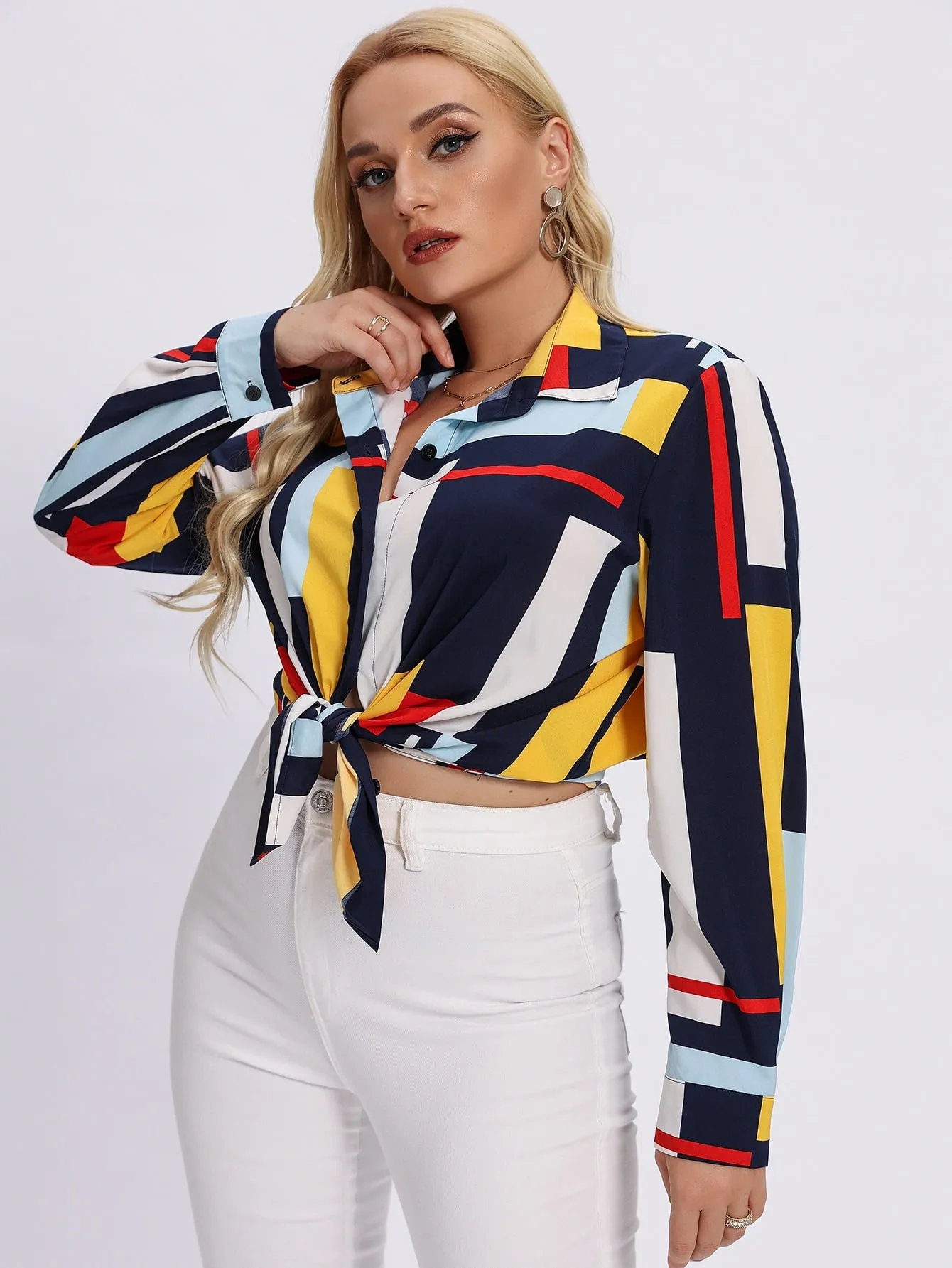 Geometric Button Long Sleeve Collar Regular Plus Size Blouse