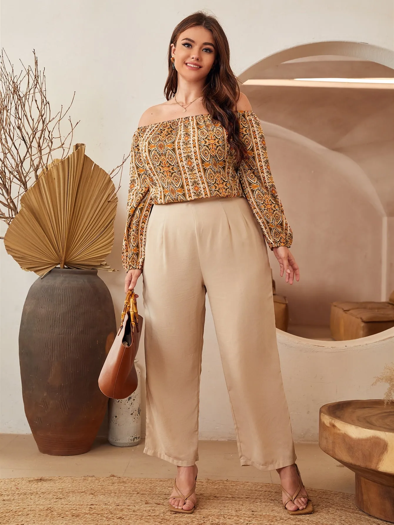 Geometric Long Sleeve Off The Shoulder Regular Plus Size Blouse