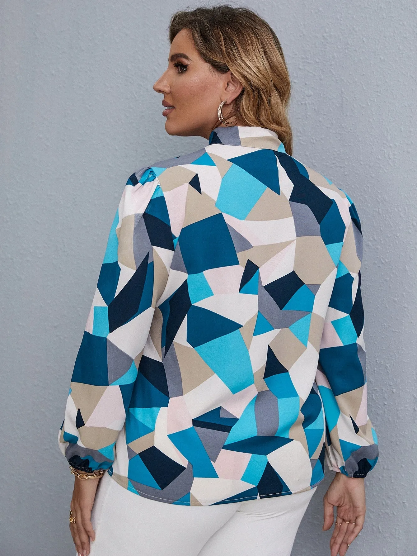 Geometric Long Sleeve Tie Neck Regular Plus Size Blouse