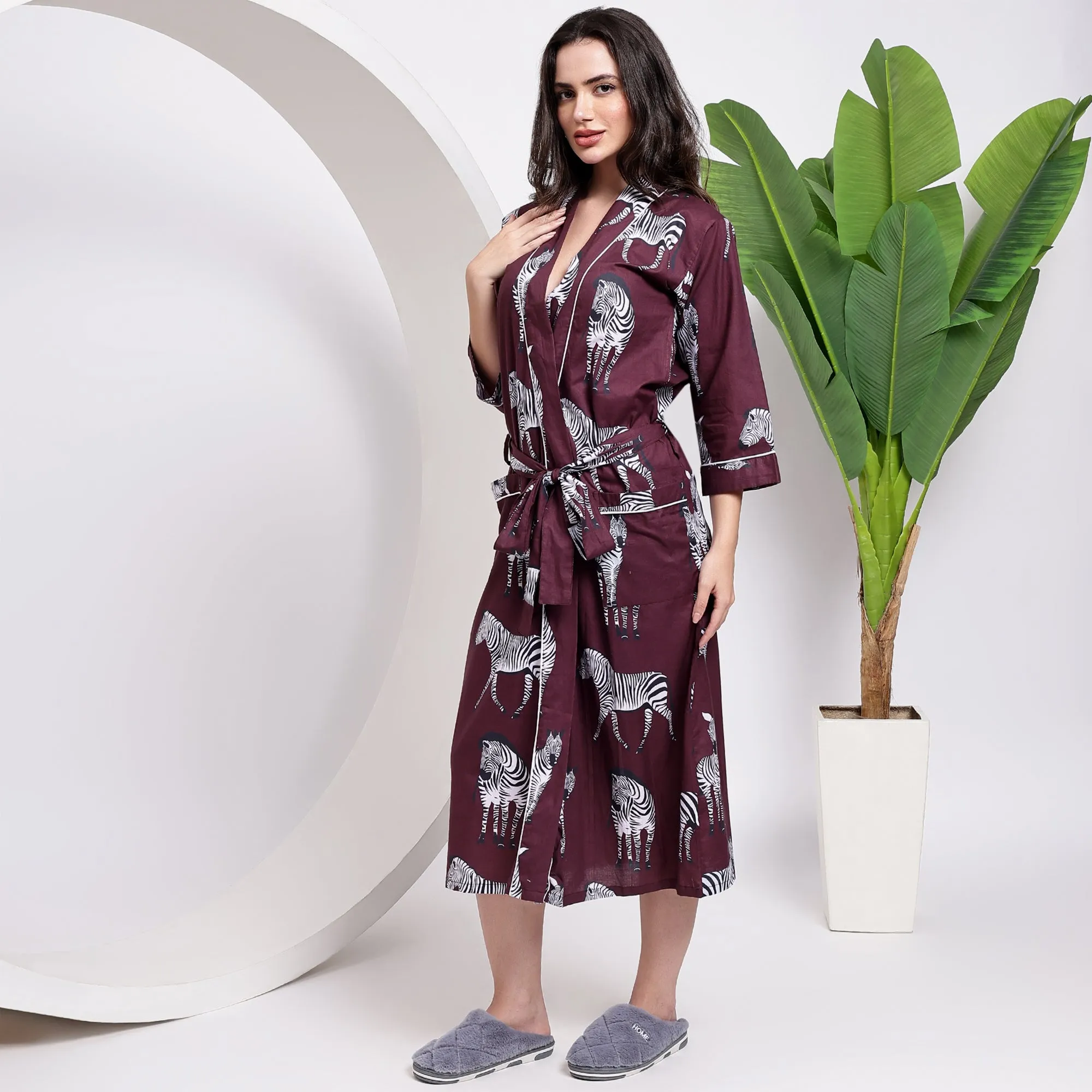 Get Stylish With Our Cotton Wine Zebra Print Kimono Robe