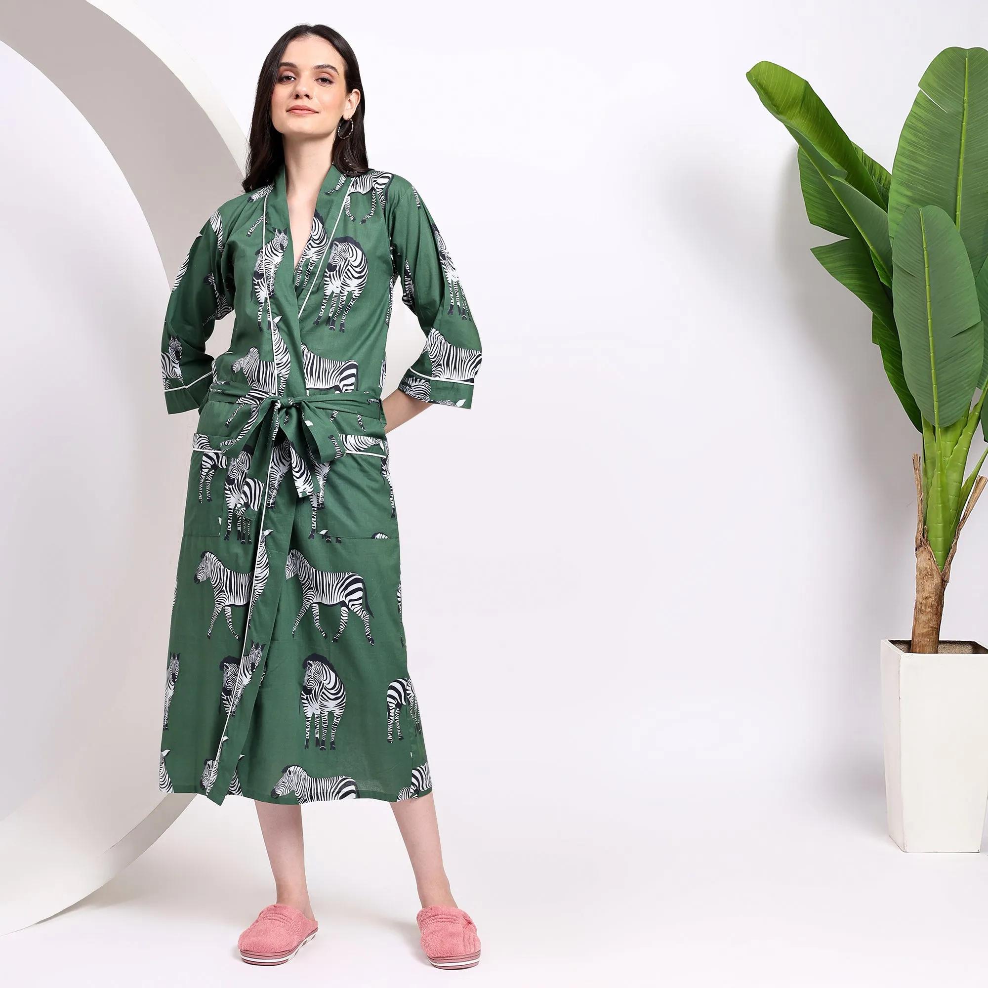 Get Stylish With Our Cotton Wine Zebra Print Kimono Robe