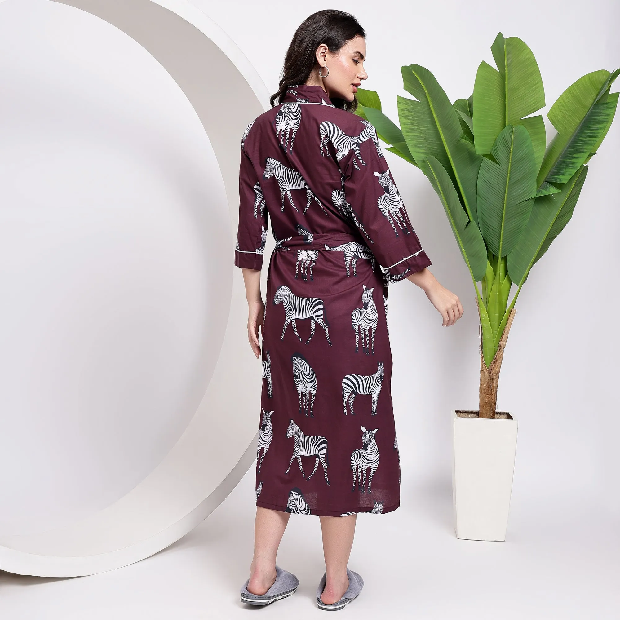 Get Stylish With Our Cotton Wine Zebra Print Kimono Robe
