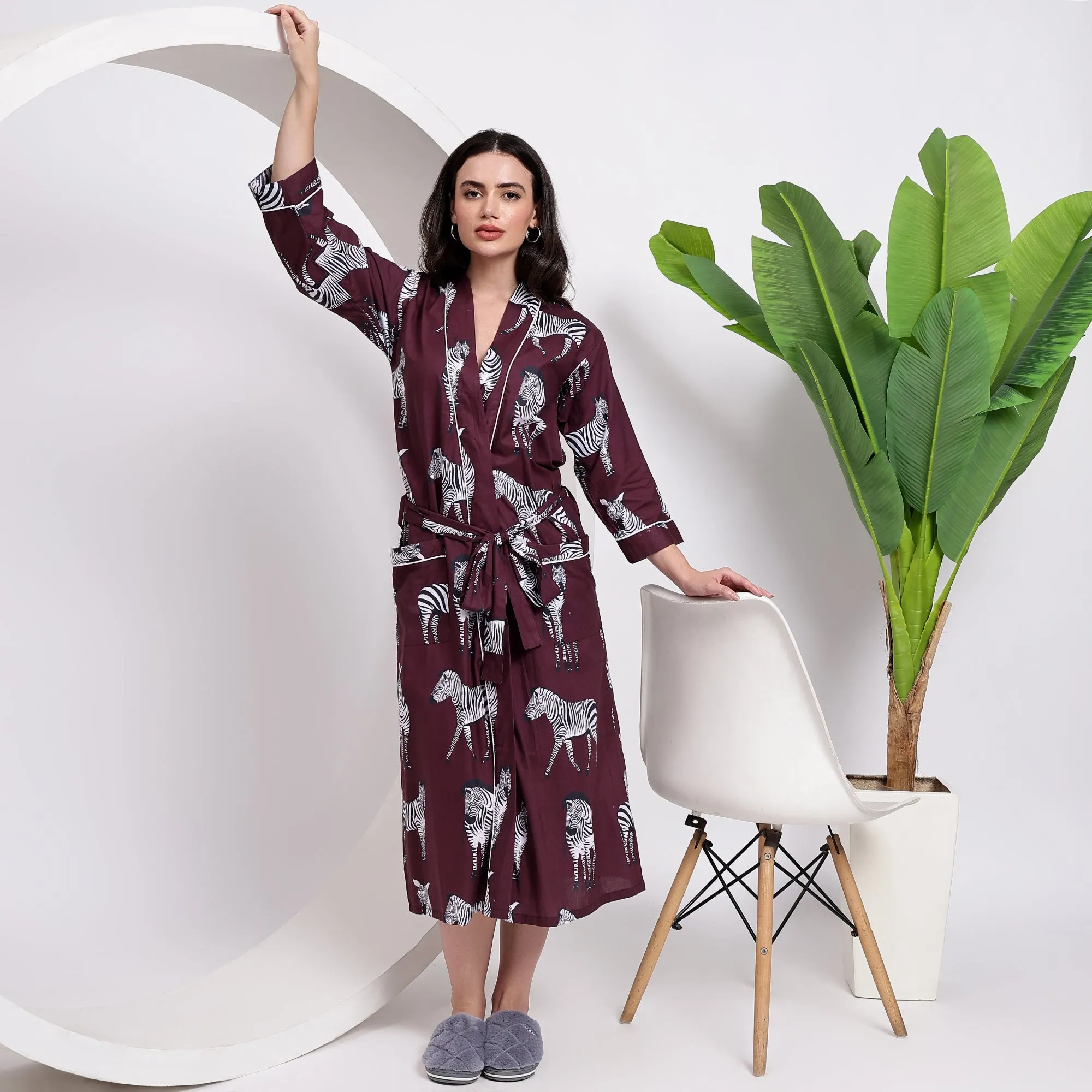 Get Stylish With Our Cotton Wine Zebra Print Kimono Robe
