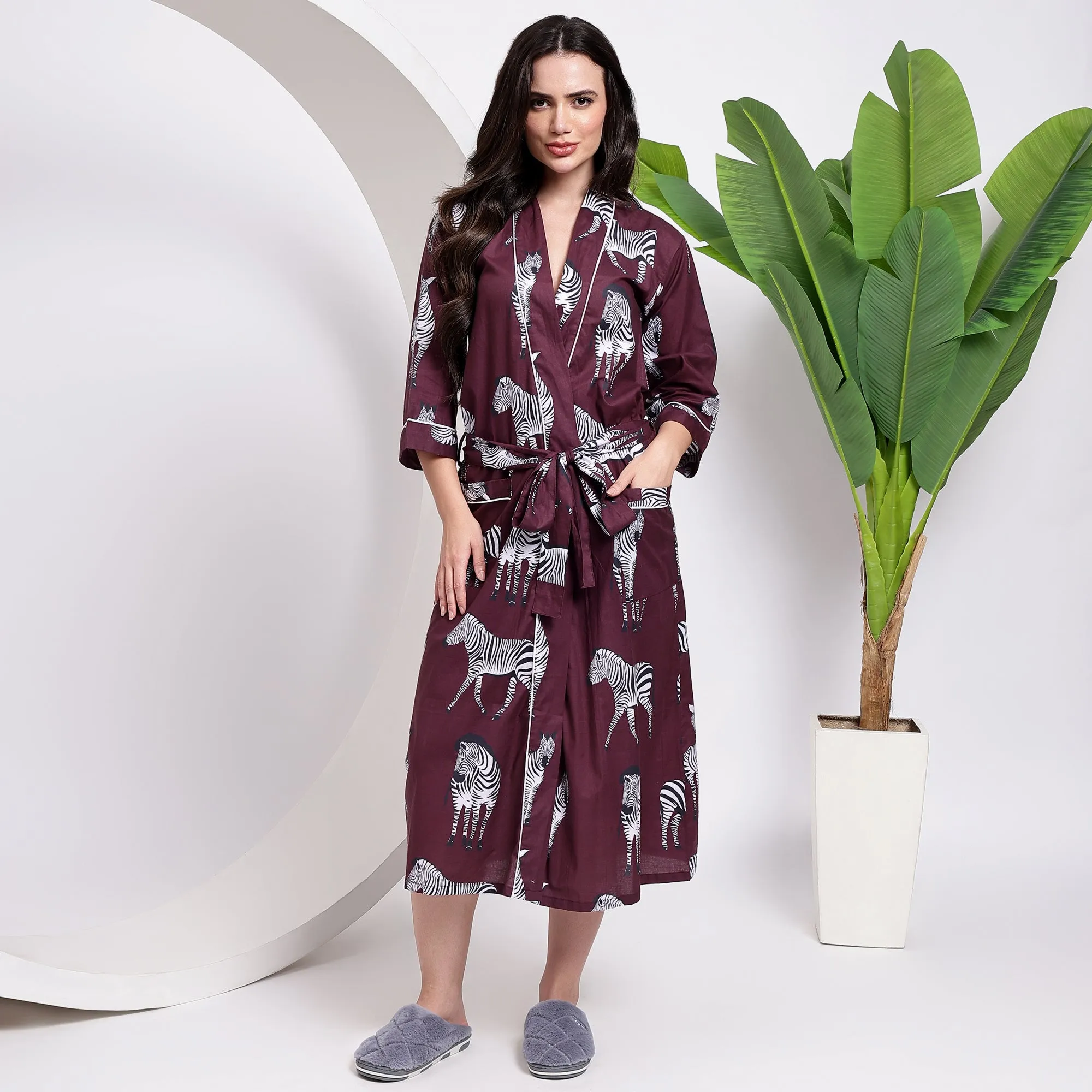 Get Stylish With Our Cotton Wine Zebra Print Kimono Robe