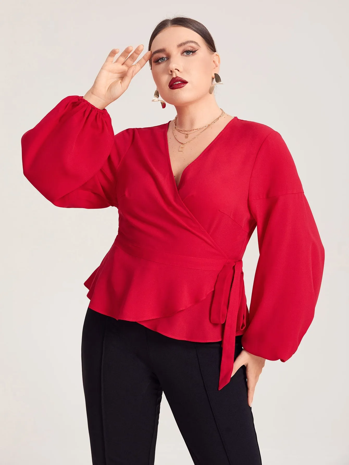 Glamorous Plain Wrap Long Sleeve Flared Regular Plus Size Blouse