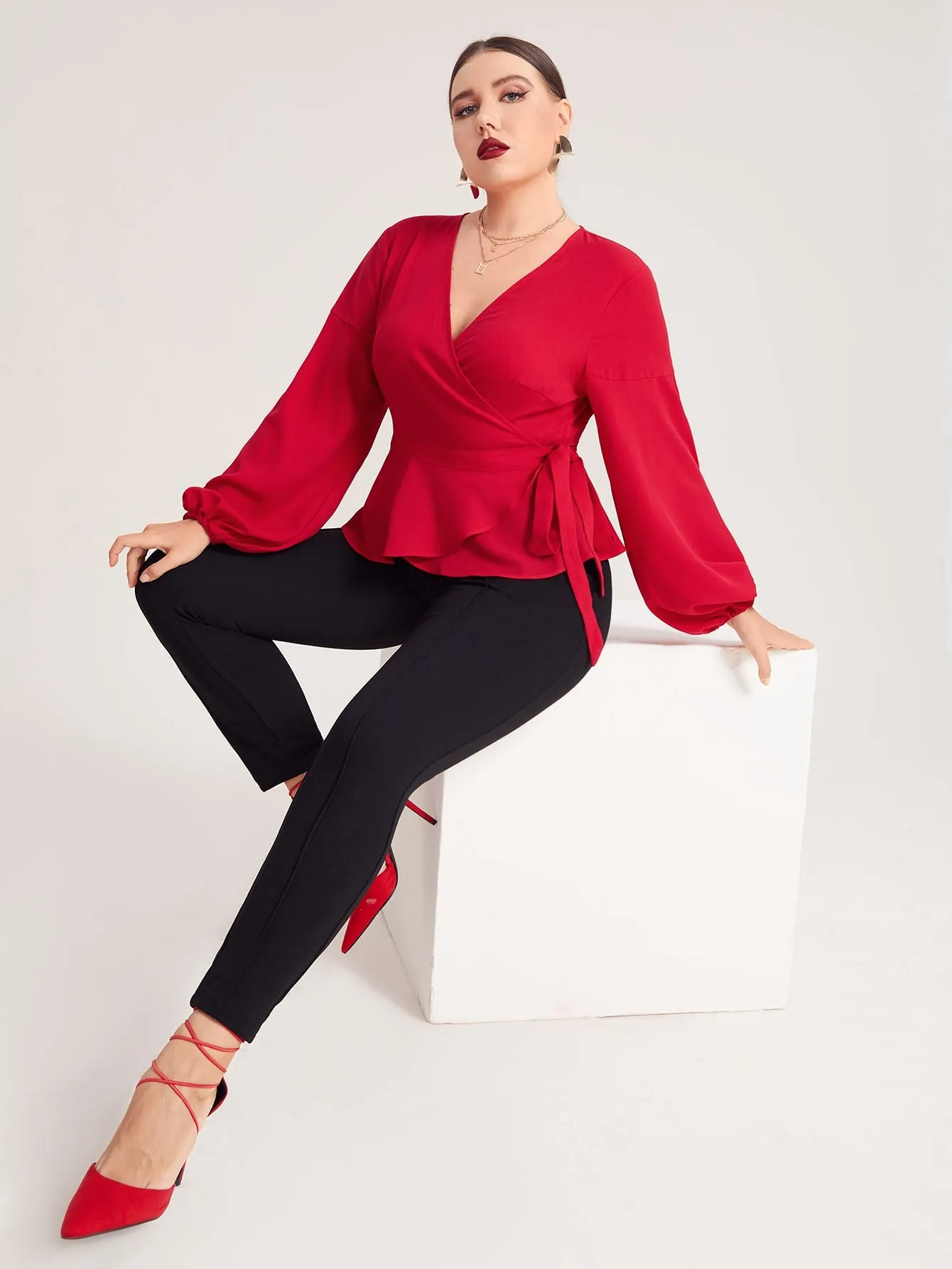 Glamorous Plain Wrap Long Sleeve Flared Regular Plus Size Blouse