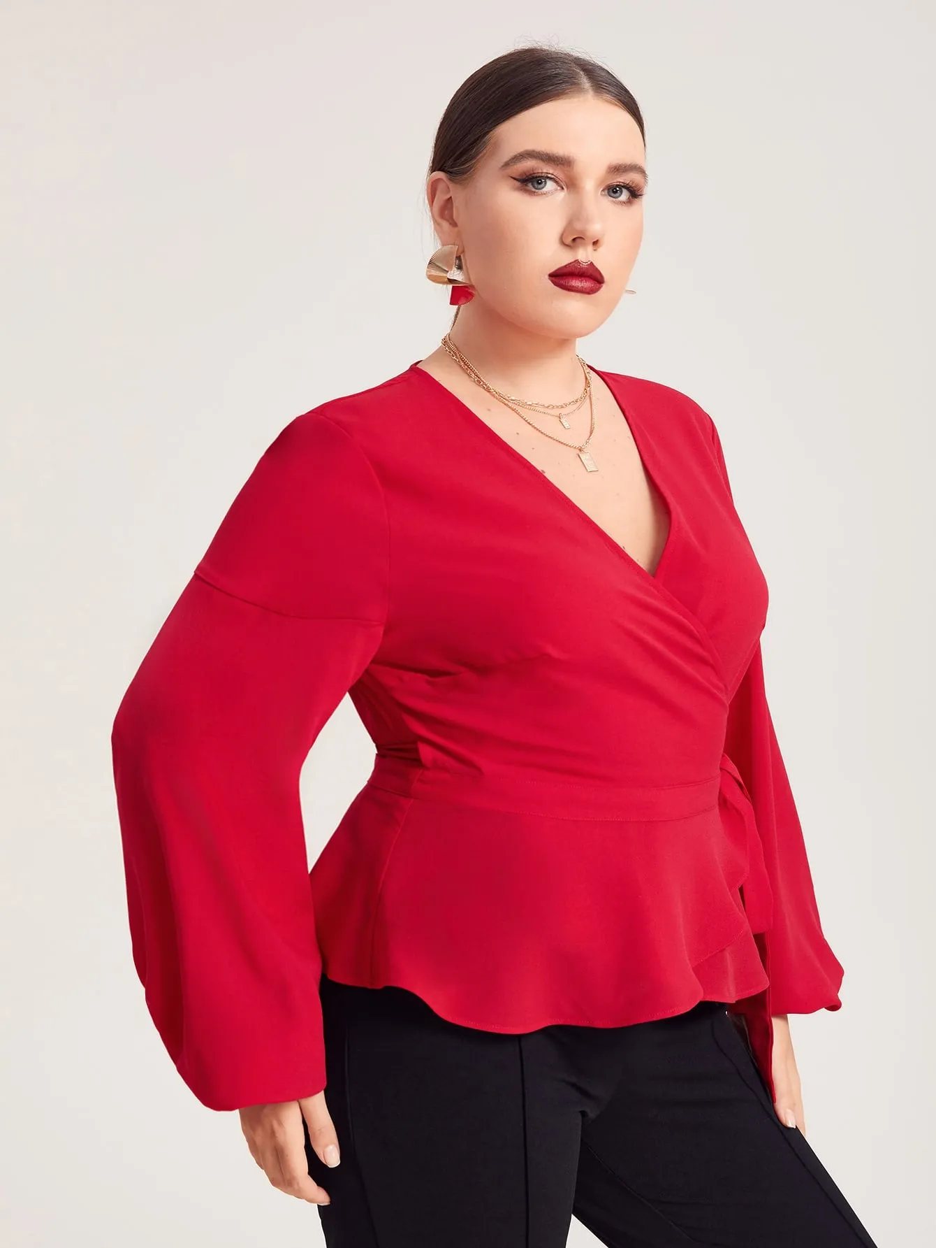 Glamorous Plain Wrap Long Sleeve Flared Regular Plus Size Blouse