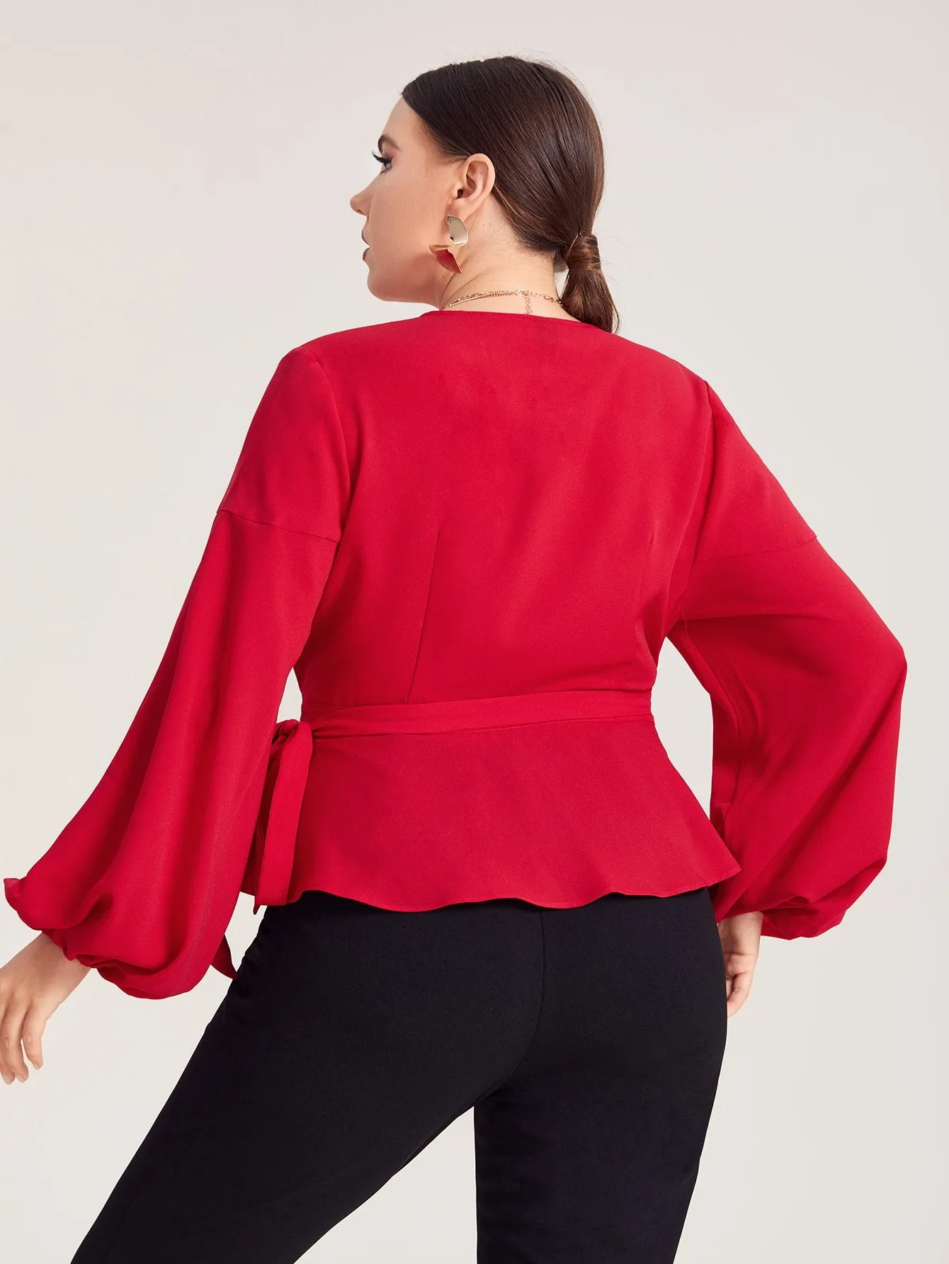 Glamorous Plain Wrap Long Sleeve Flared Regular Plus Size Blouse