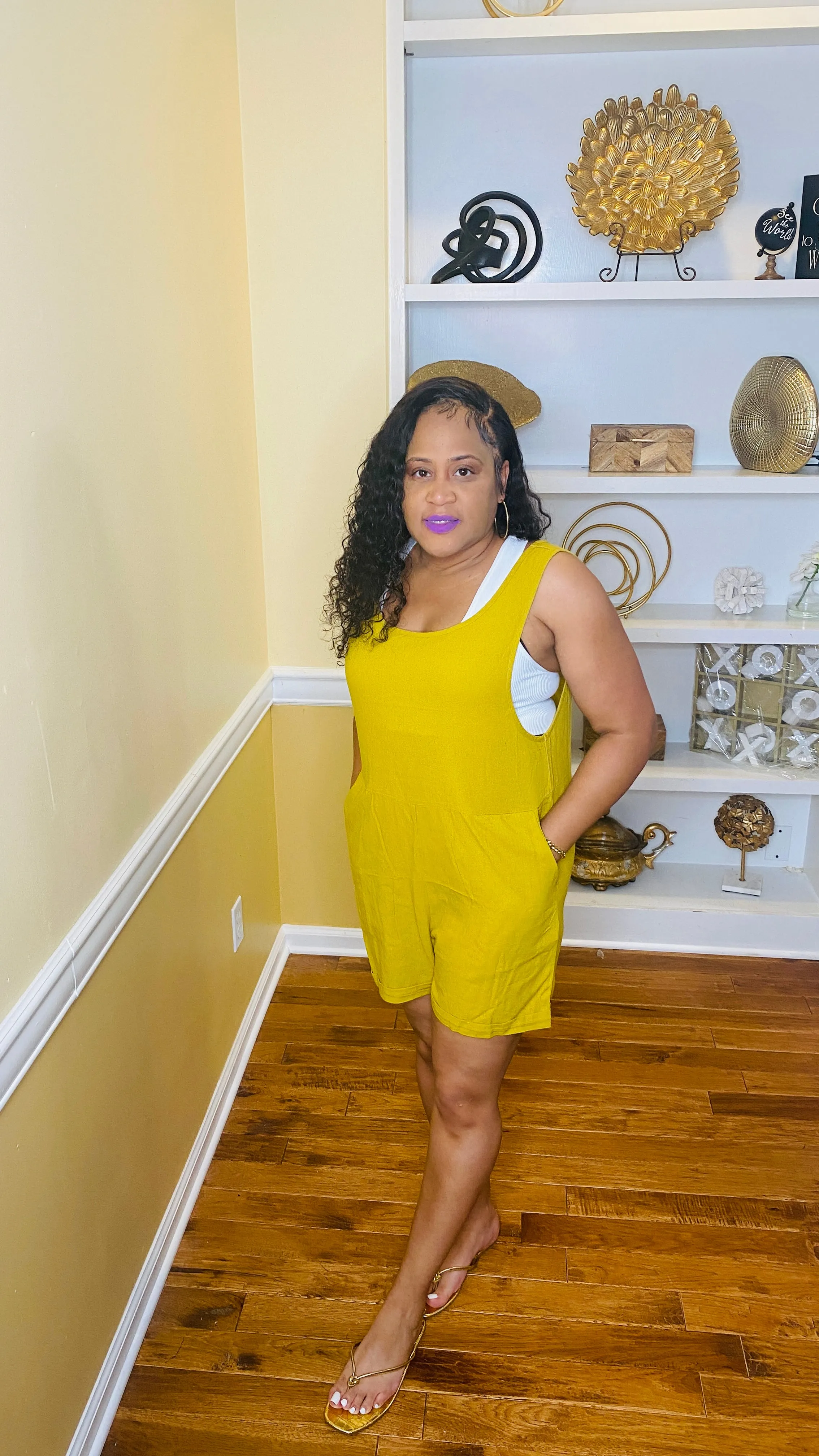 Golden Girl Plus- linen romper (golden wasabi)