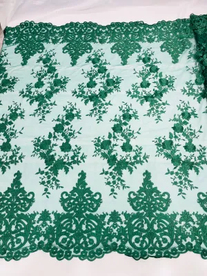 Hunter Green Bridal Lace - By The Yard - Floral Damask Design Embroidered on Mesh Lace Fabric