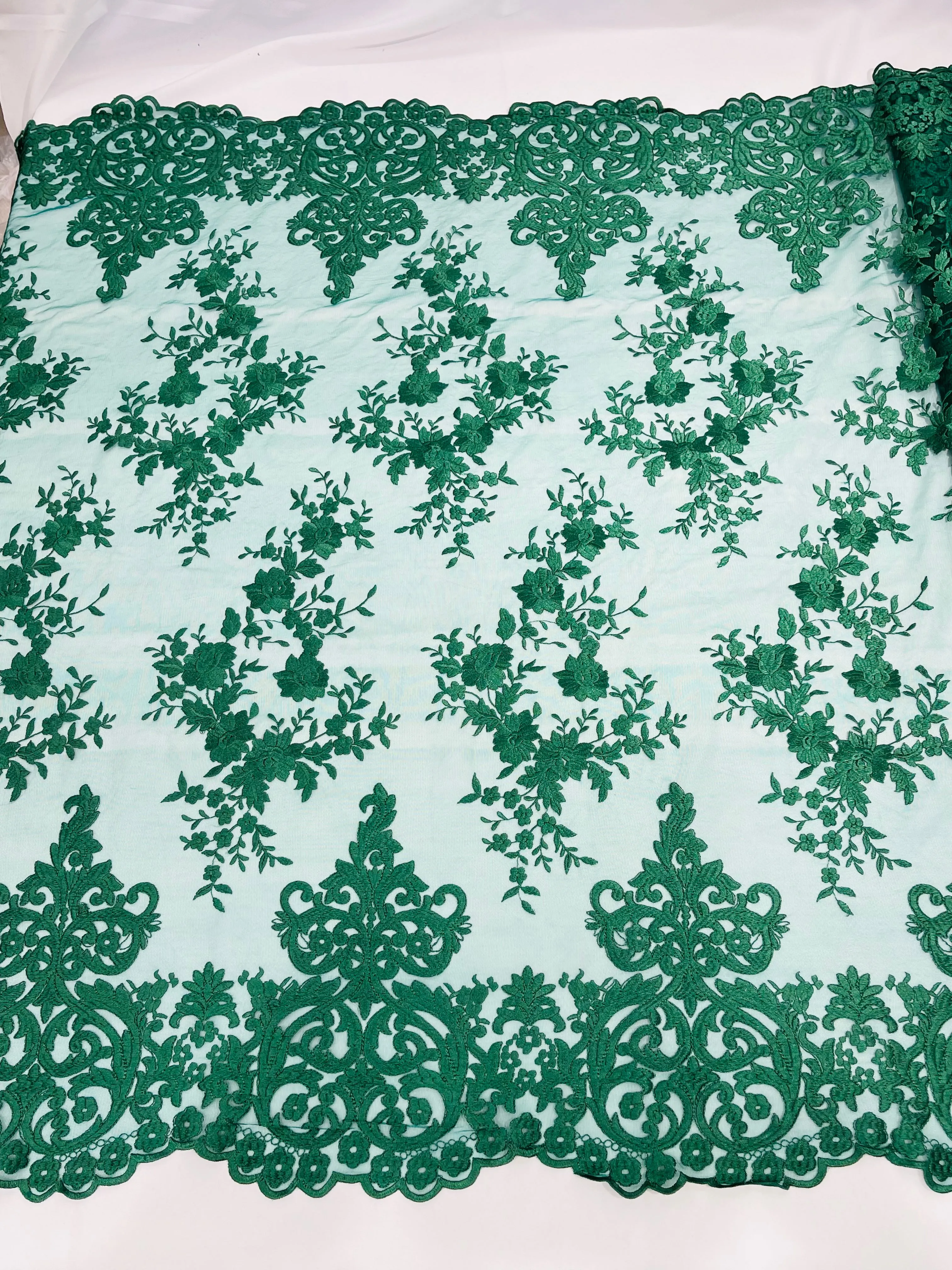 Hunter Green Bridal Lace - By The Yard - Floral Damask Design Embroidered on Mesh Lace Fabric