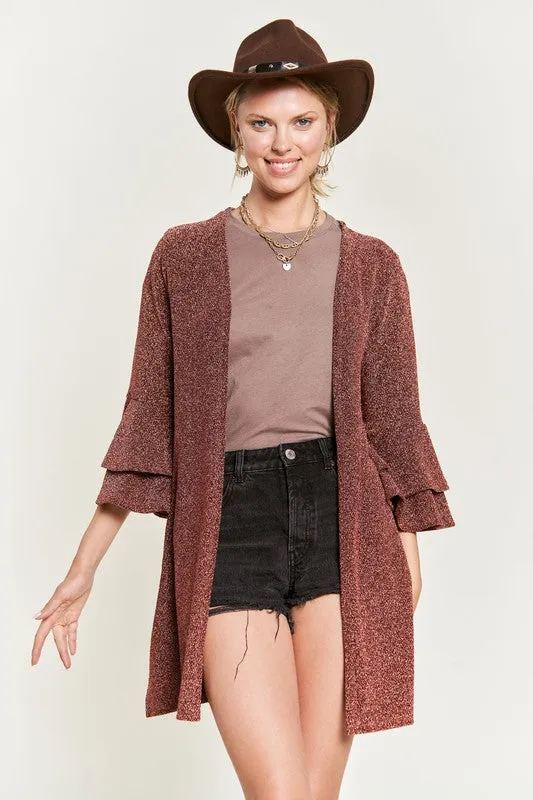 JADE by JANE Women's Red Kimono Glitter Cardigan with Bell Sleeve
