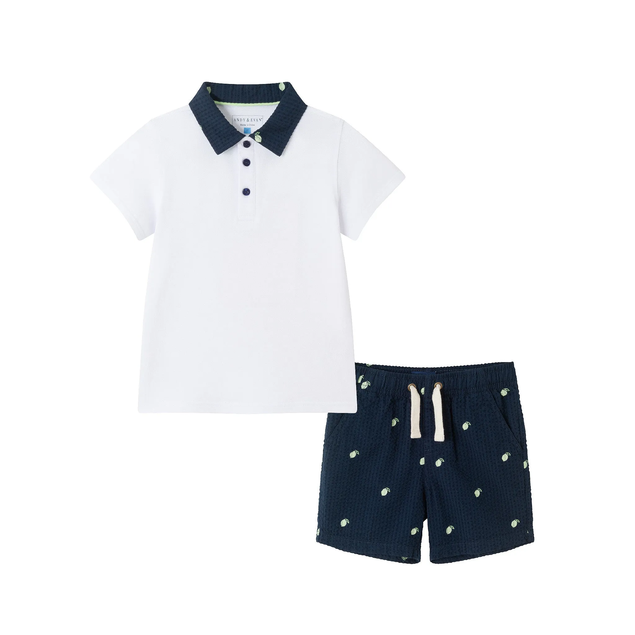 Kids (2-8) Polo & Seersucker Short Set | Navy & White Limes