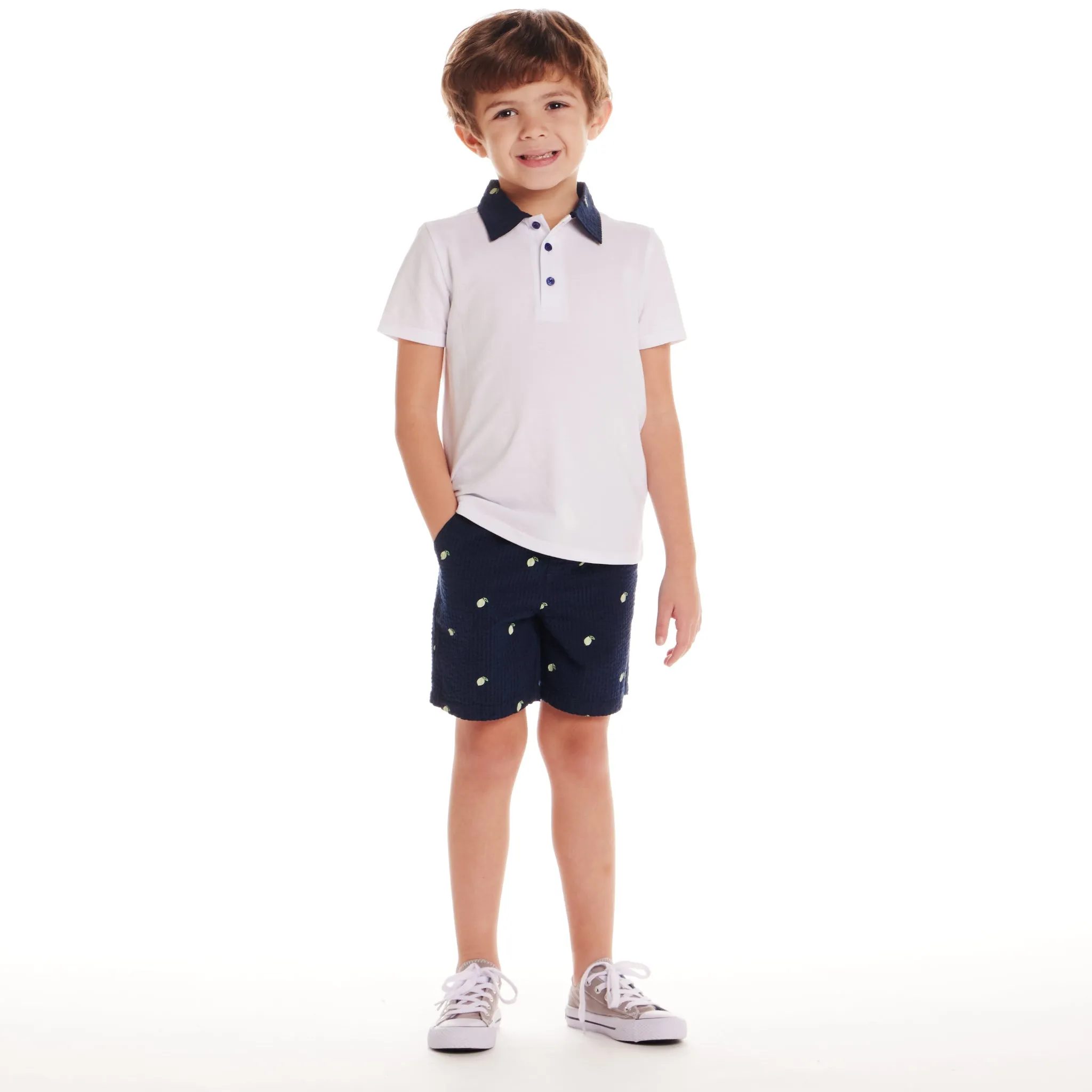 Kids (2-8) Polo & Seersucker Short Set | Navy & White Limes