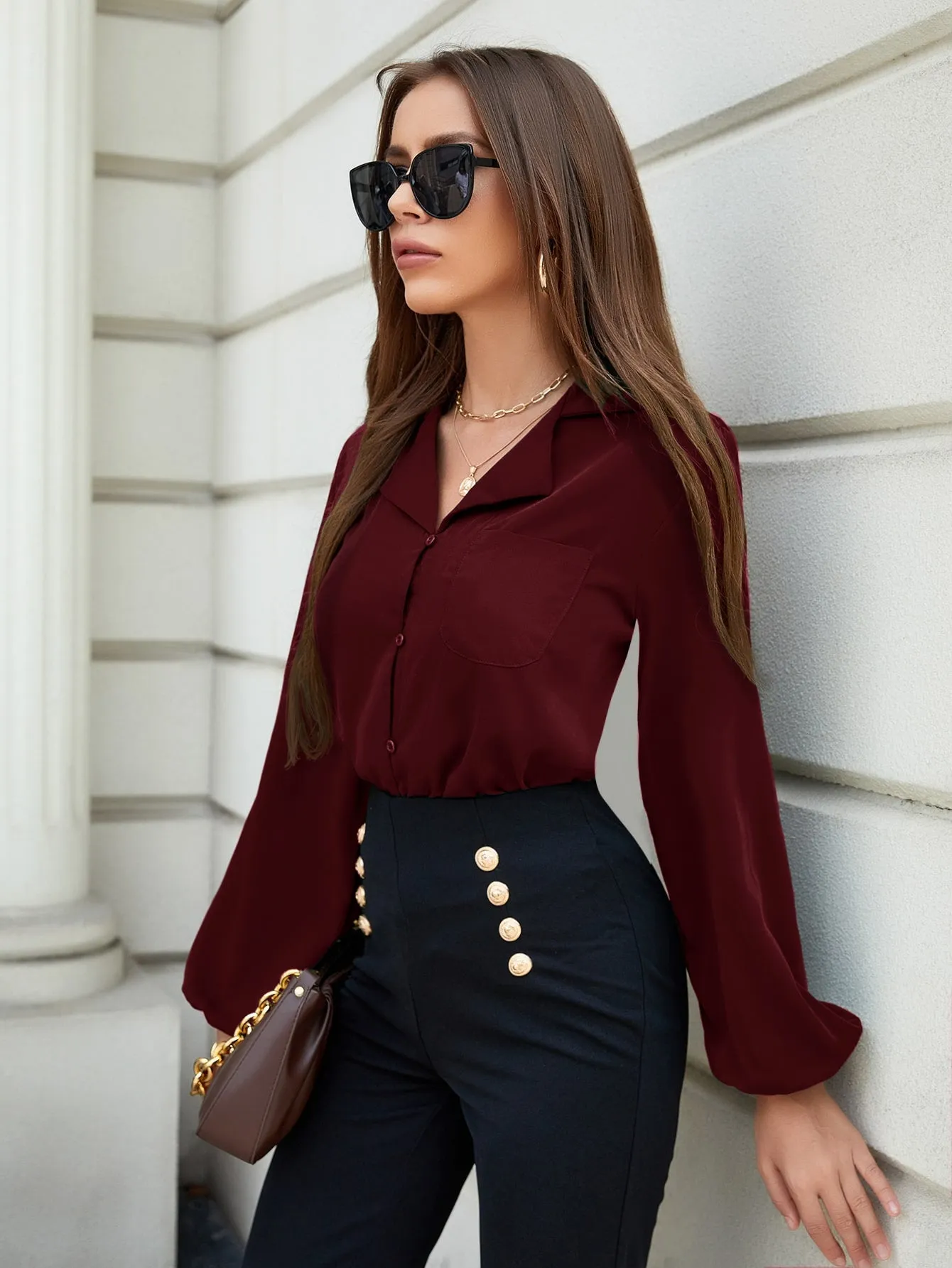Lantern Sleeve Pocket Patched Blouse