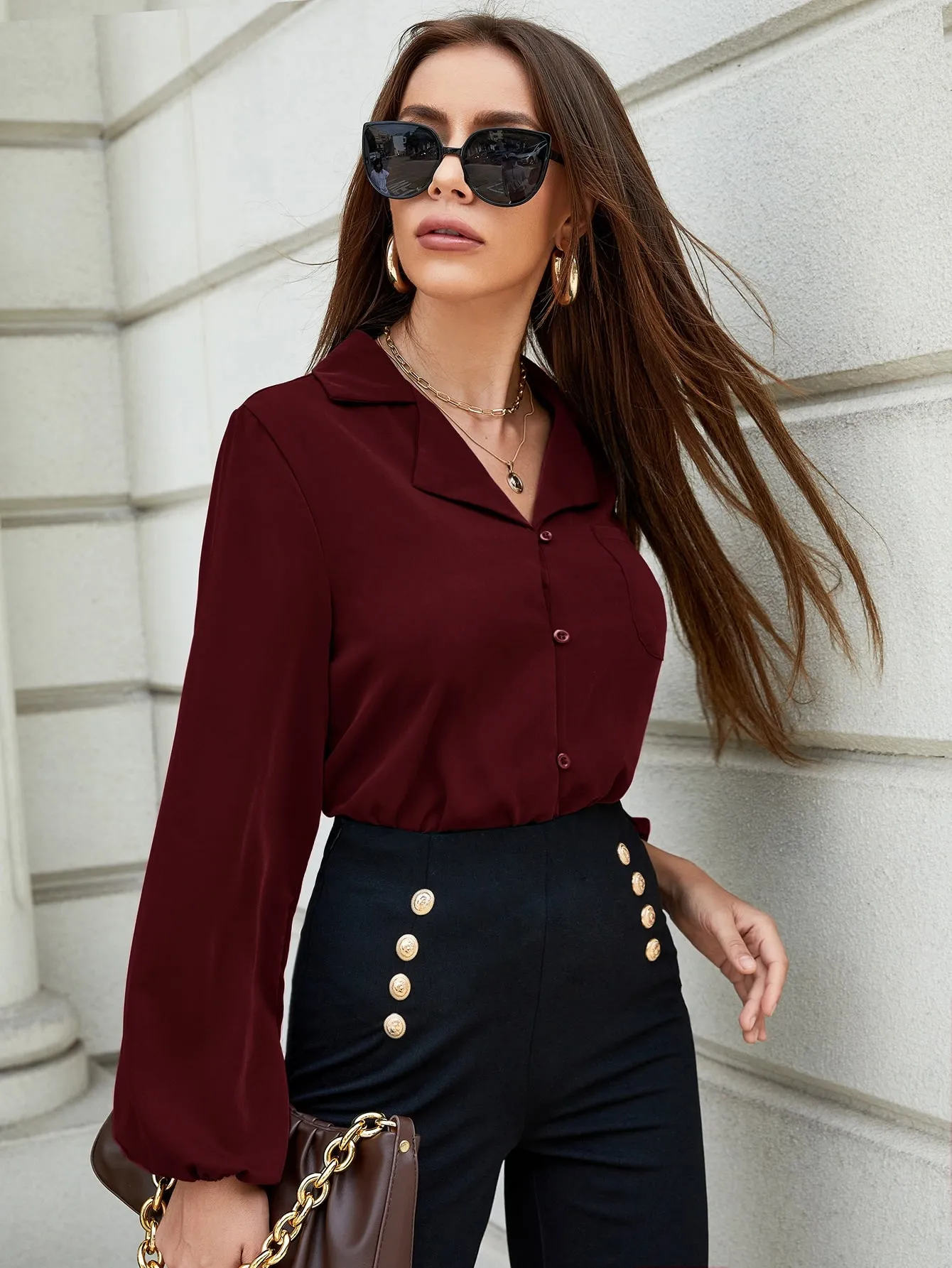 Lantern Sleeve Pocket Patched Blouse