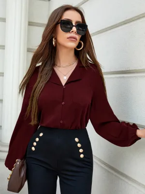 Lantern Sleeve Pocket Patched Blouse
