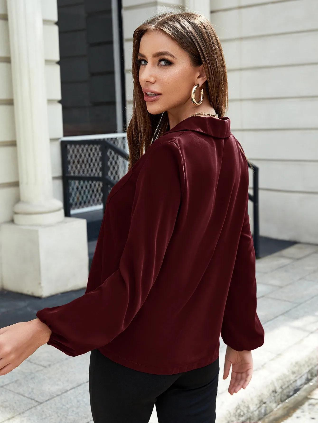 Lantern Sleeve Pocket Patched Blouse