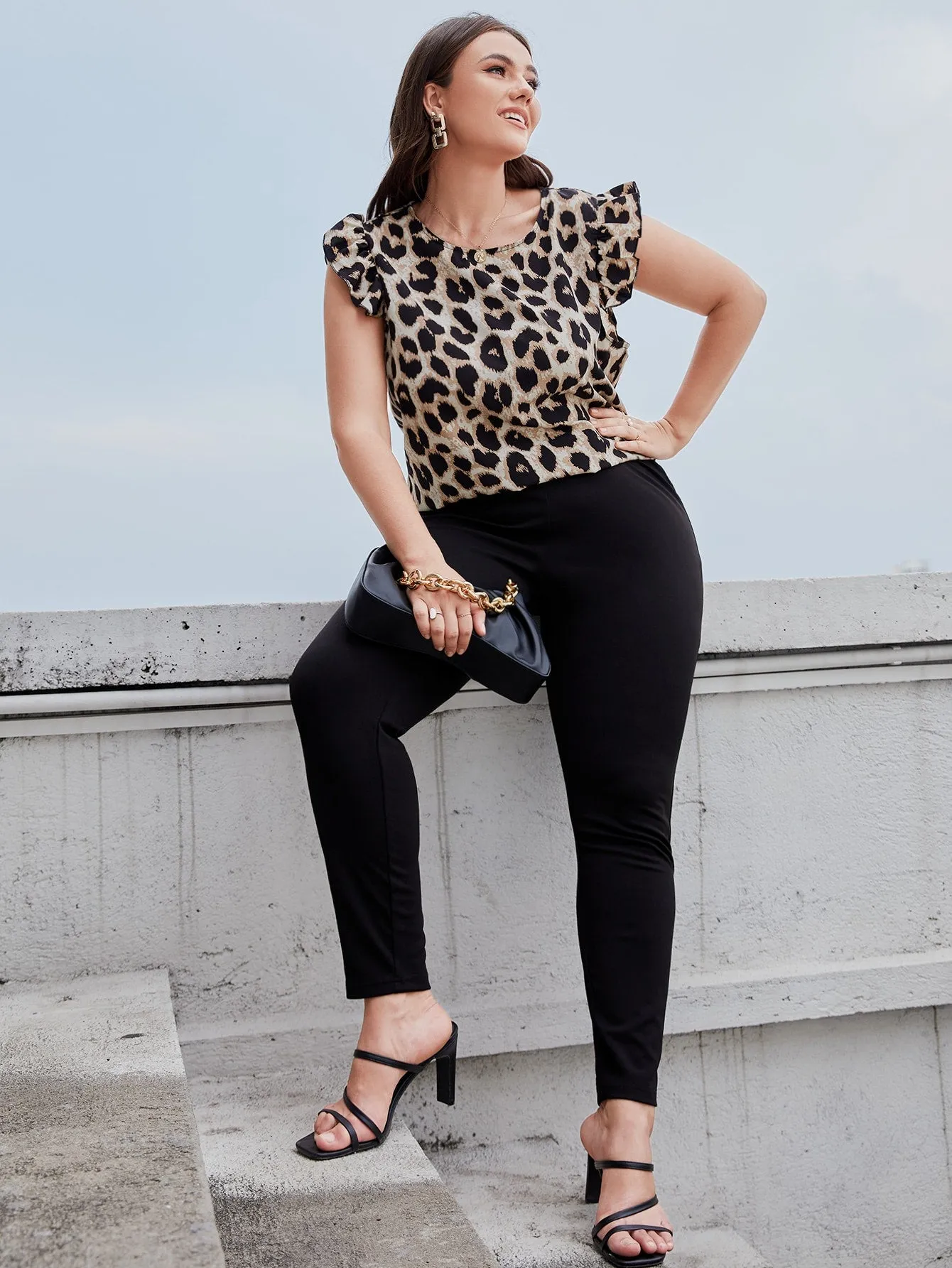 Leopard Ruffle Cap Sleeve Round Neck Regular Plus Size Blouse